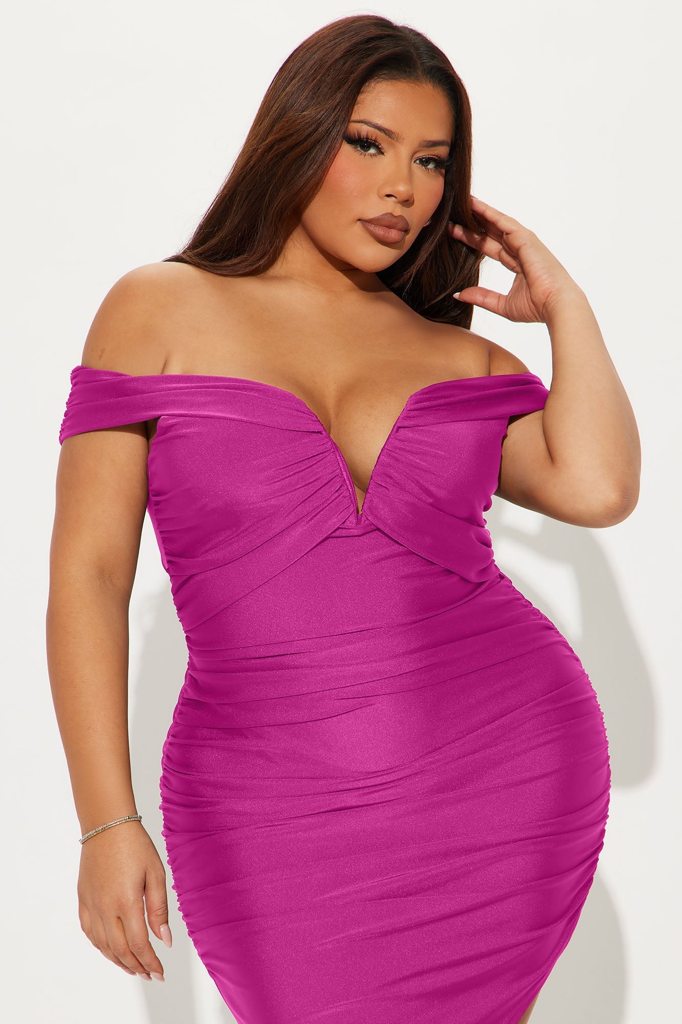 Rosalinda Off Shoulder Midi Dress - Hot Pink
