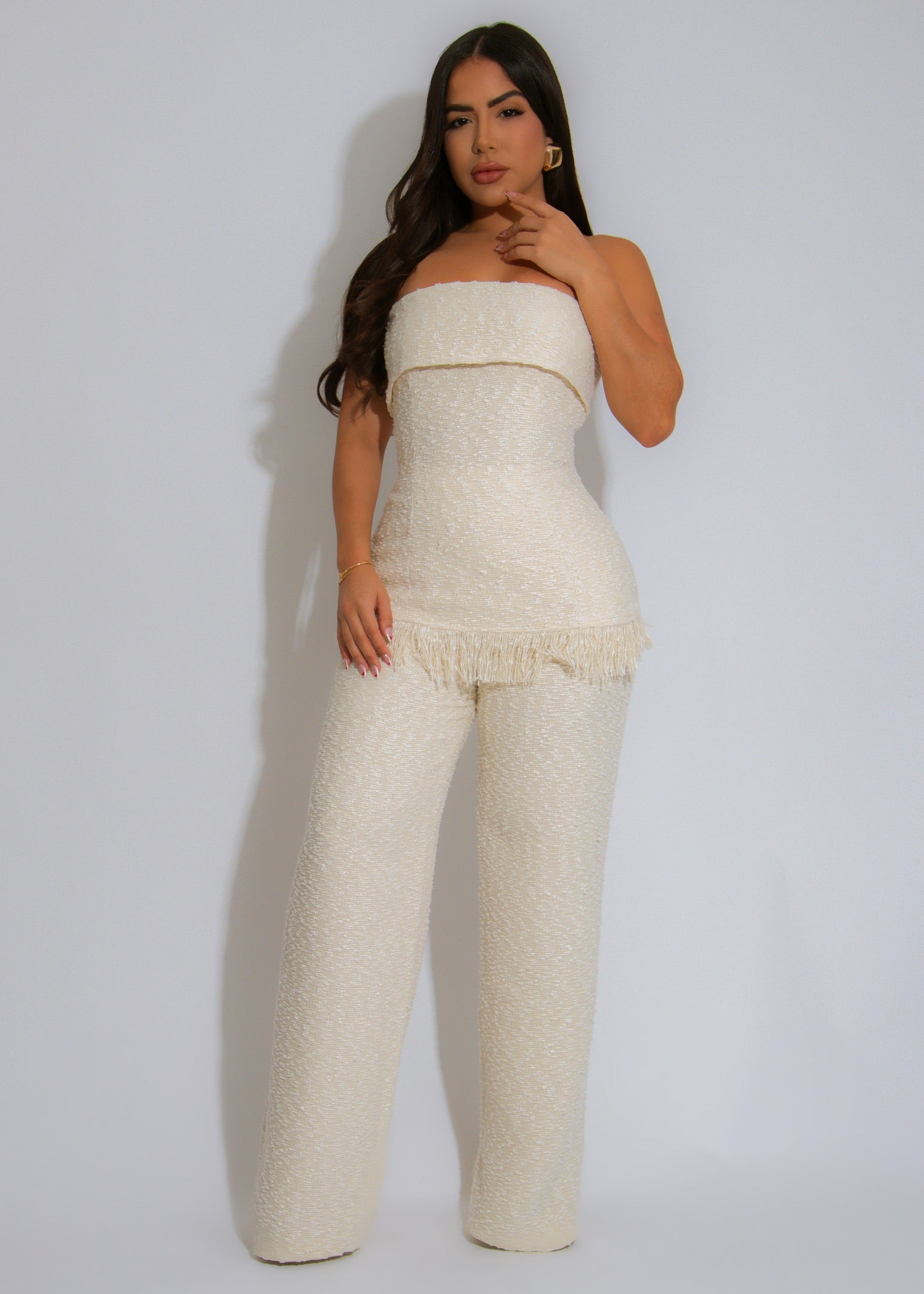 The Luxe Fringe Tweed Pant Set Nude