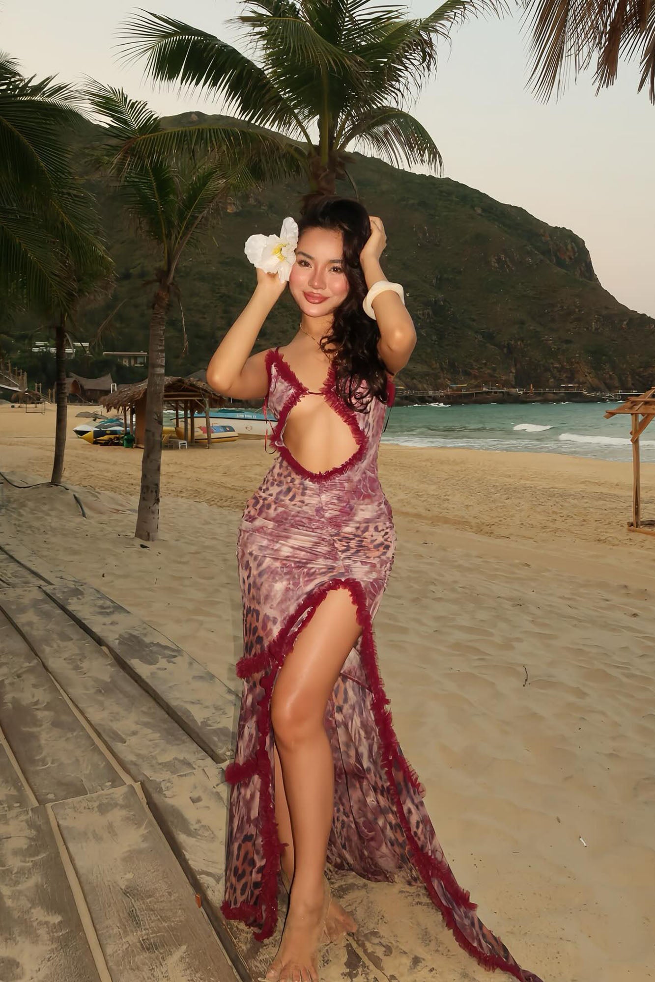 Hailey Leopard Mesh Maxi Dress - Red/combo