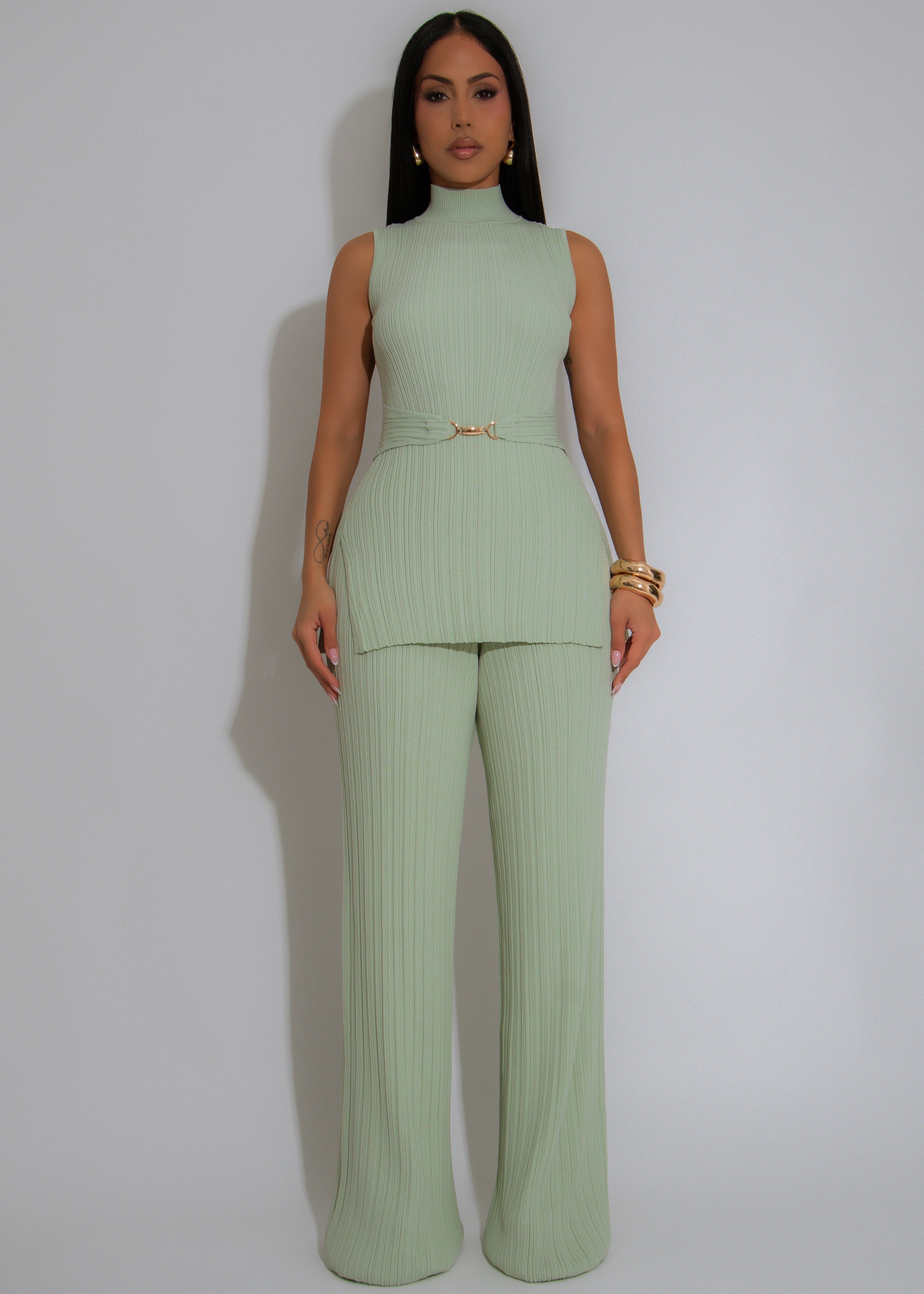 The Draped Aura Ribbed Pant Set Green