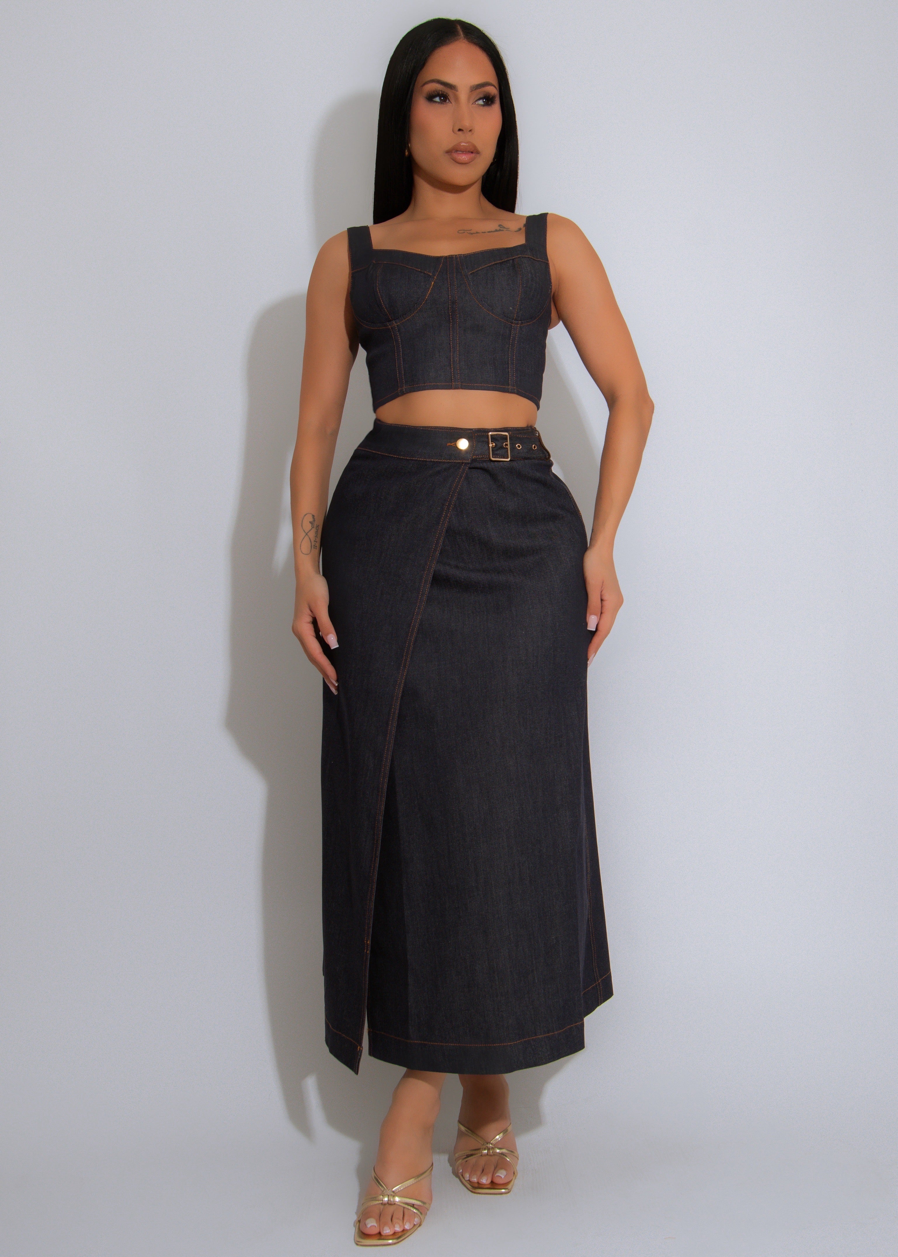 Bustier Stitch Skirt Set Dark Denim