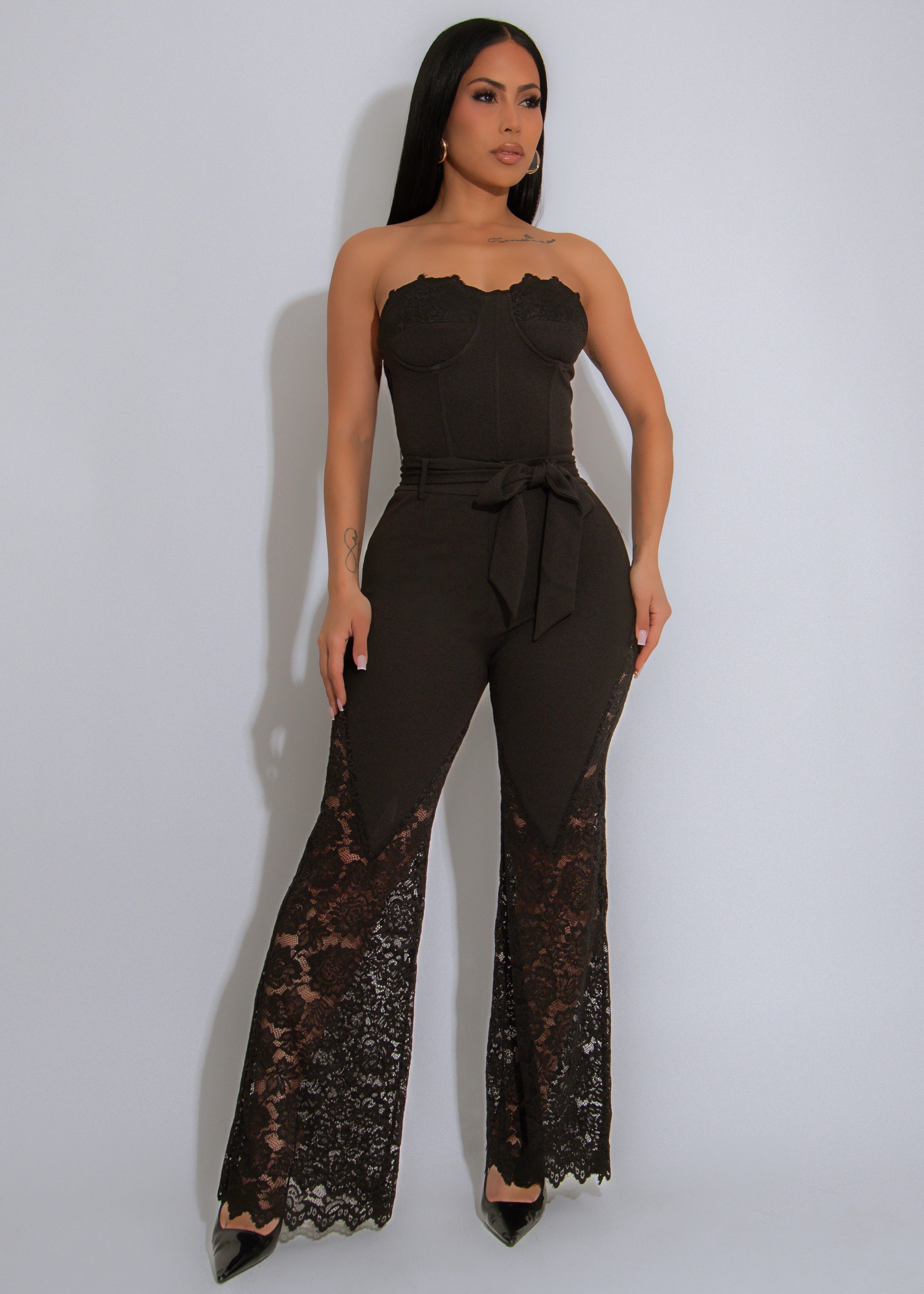 Soft Allure Lace Floral Pant Set Black
