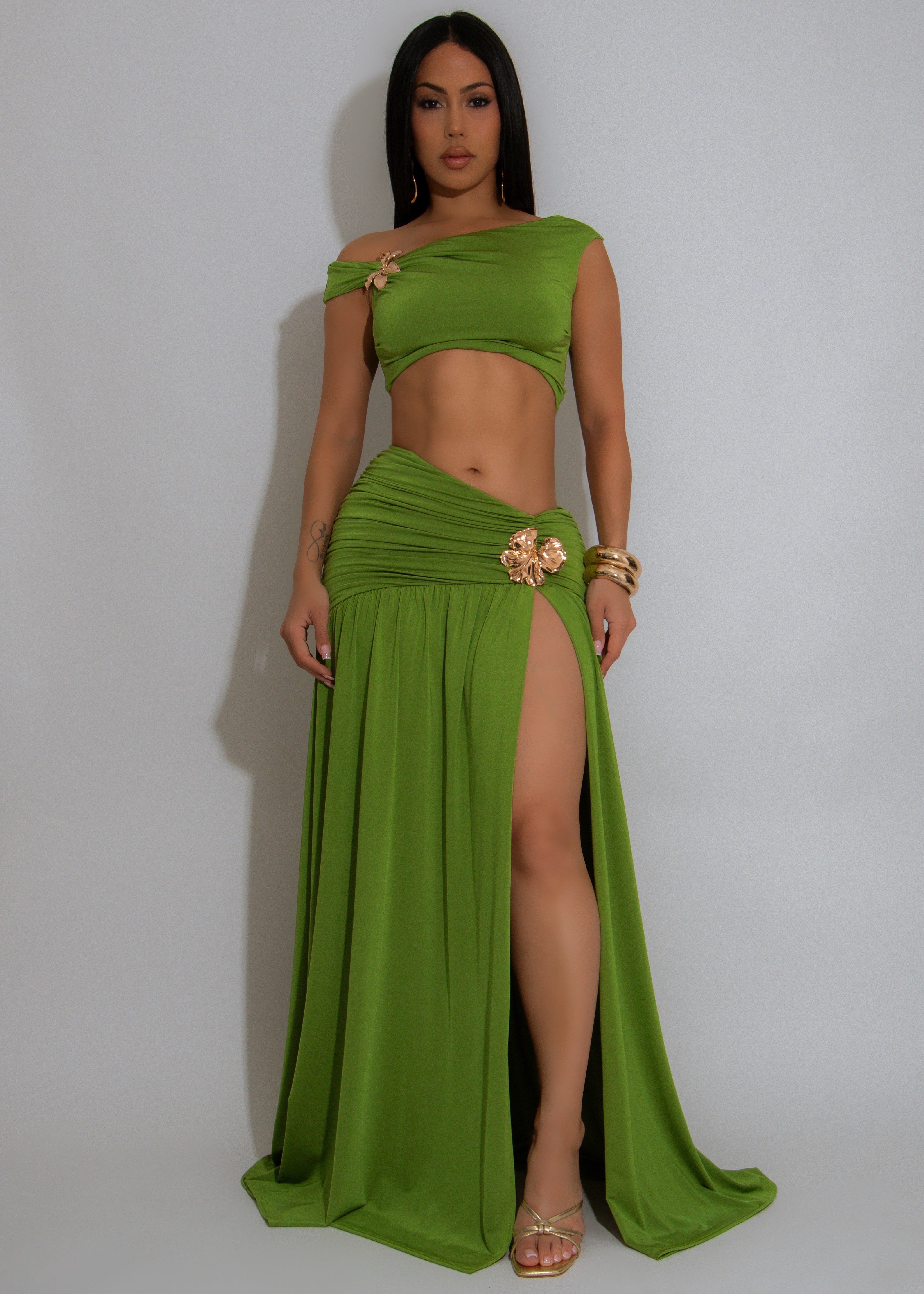 Opulence Bloom Ruched Skirt Set Green