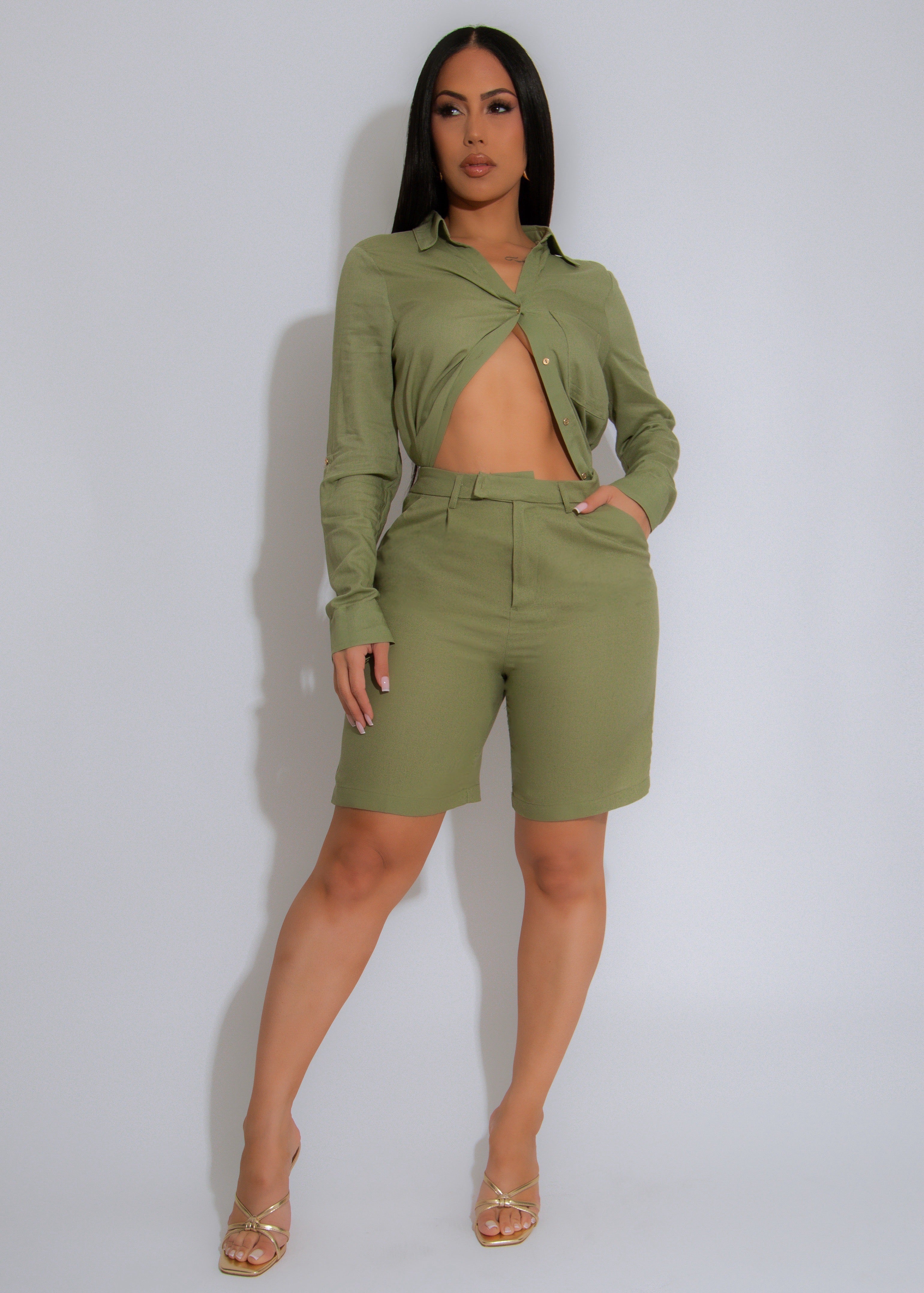 The Everyday Ease Linen Short Set Green
