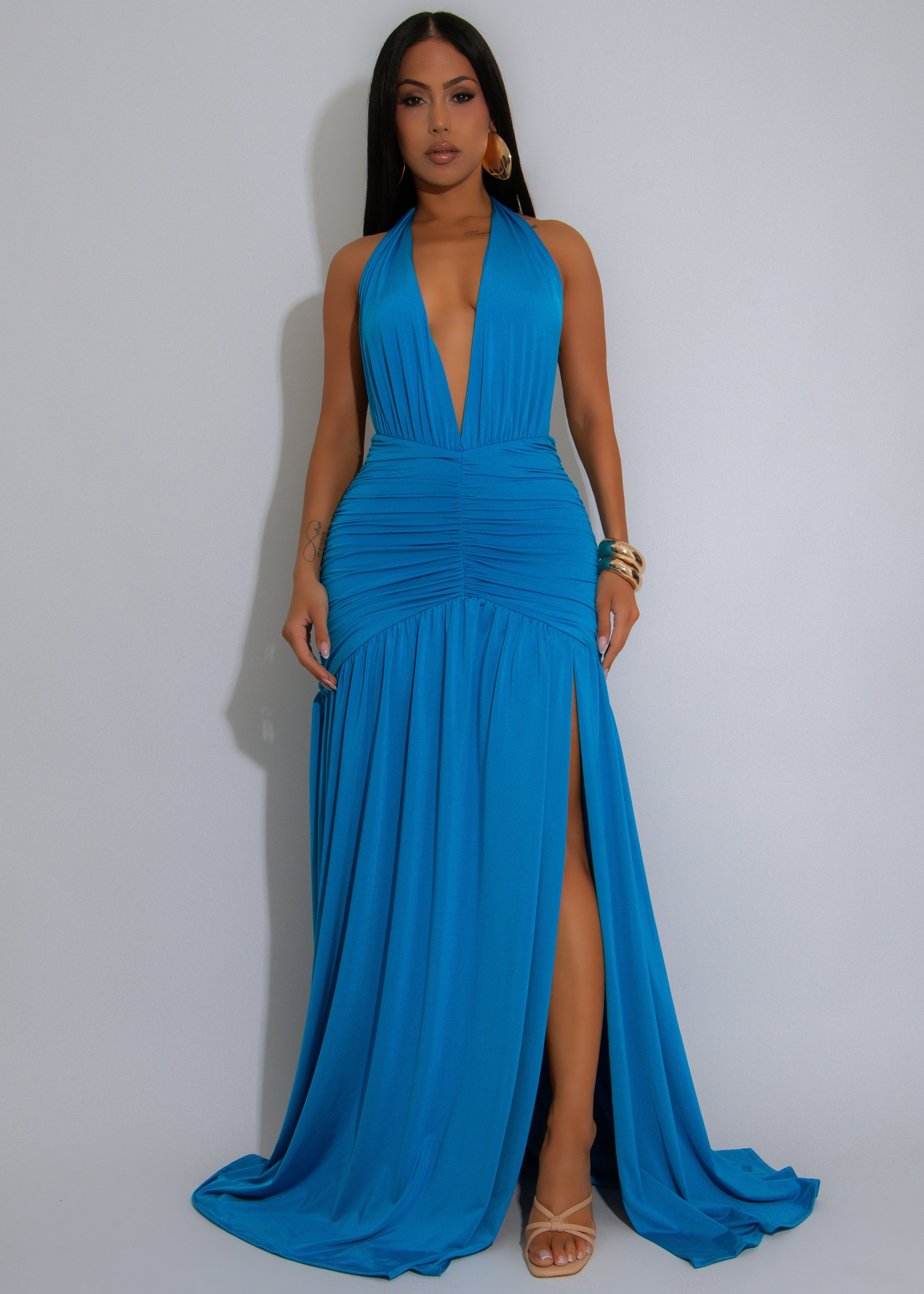 Afterglow Allure Ruched Maxi Dress Blue