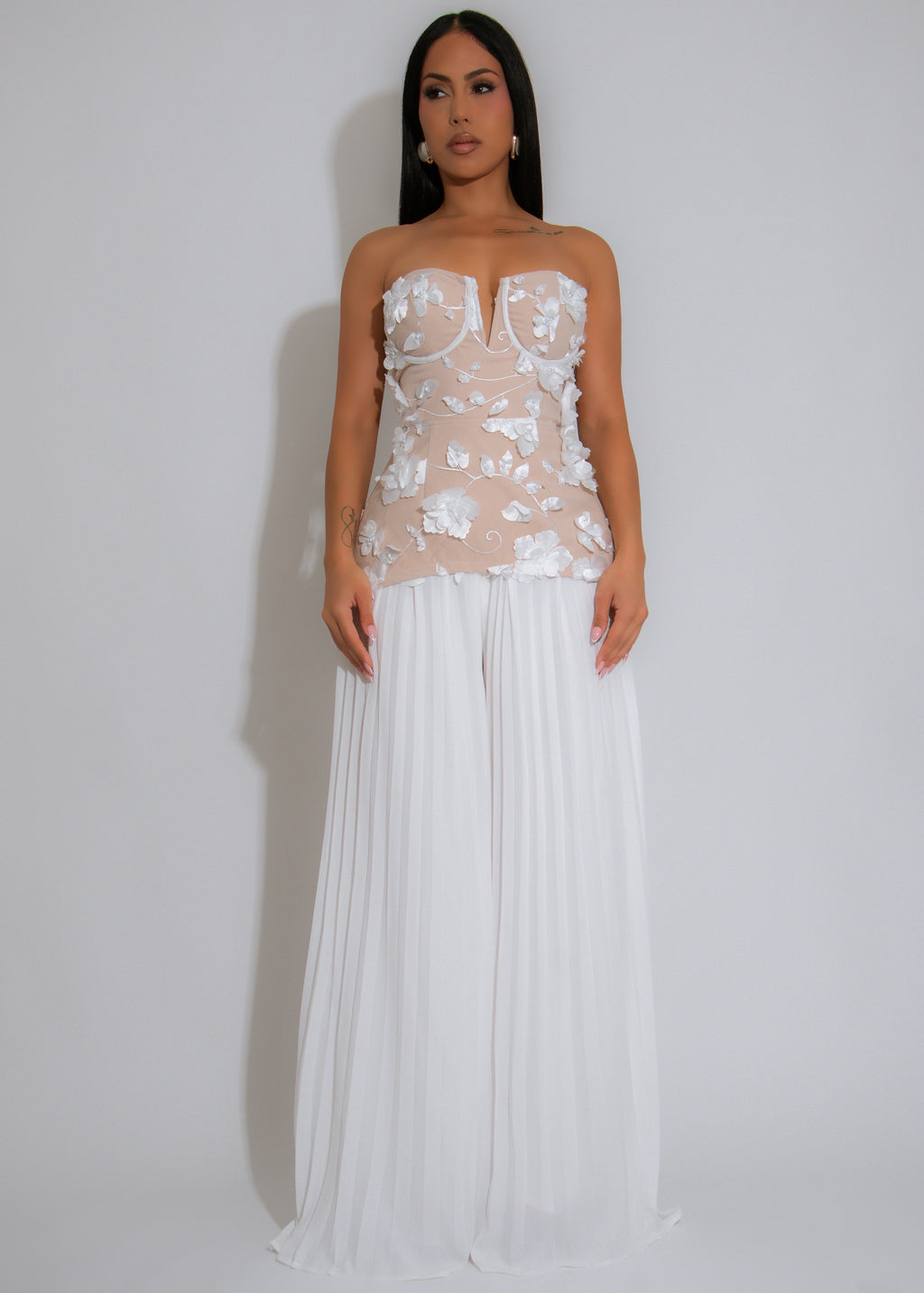 Petal Whispers Floral Pearls Pant Set White
