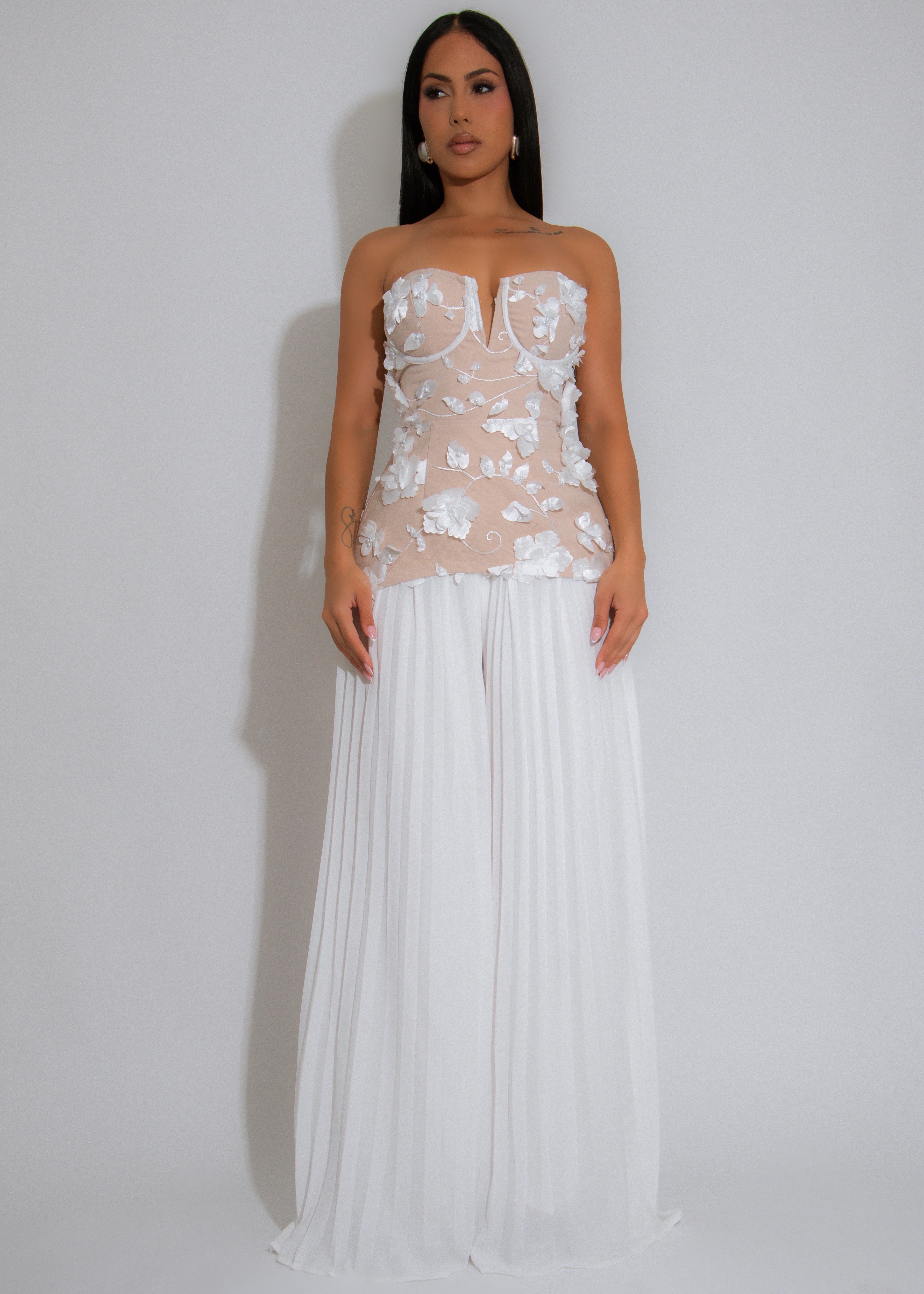 Petal Whispers Floral Pearls Pant Set White