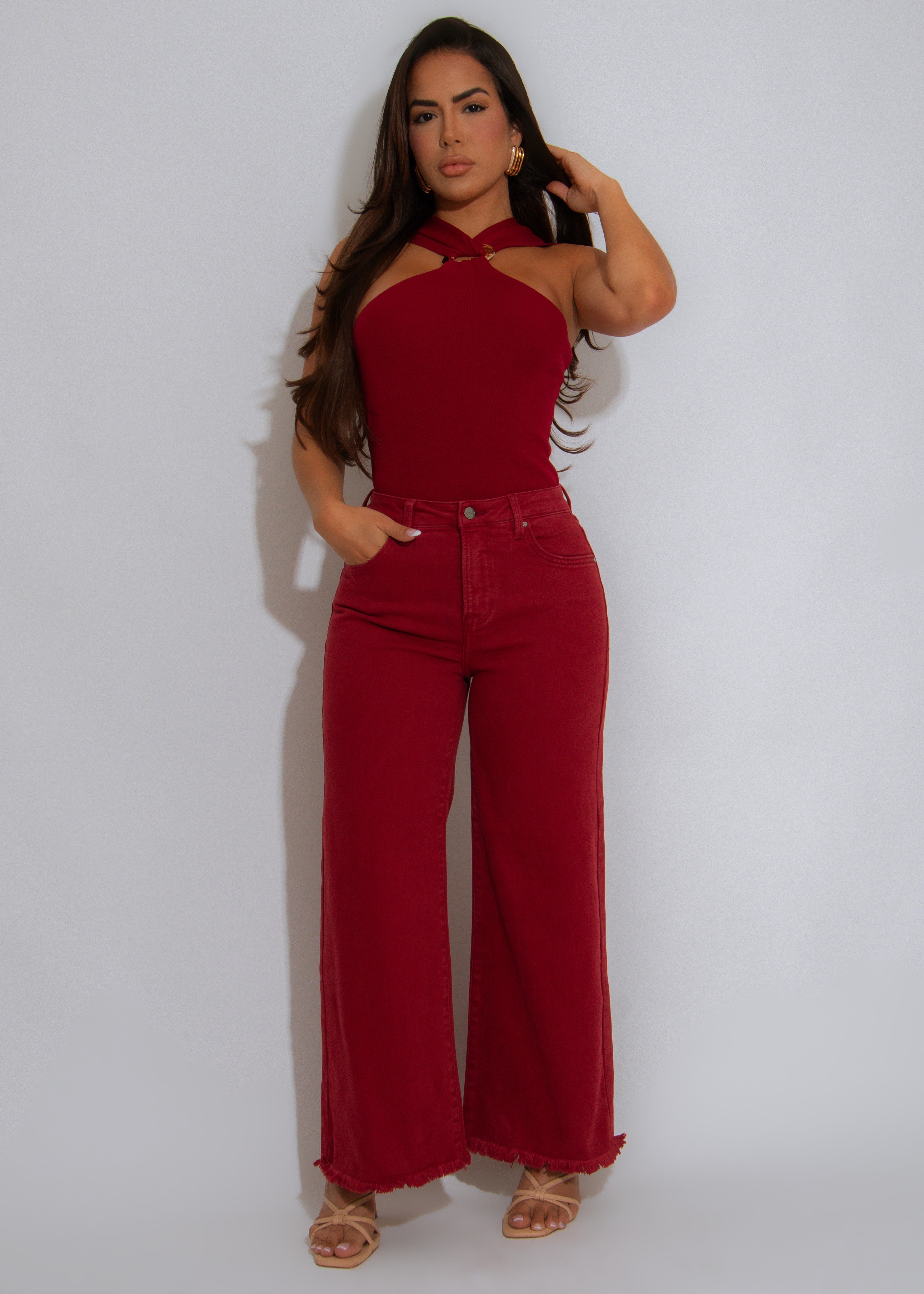 After Dark Halter Ribbed Crop Top Red