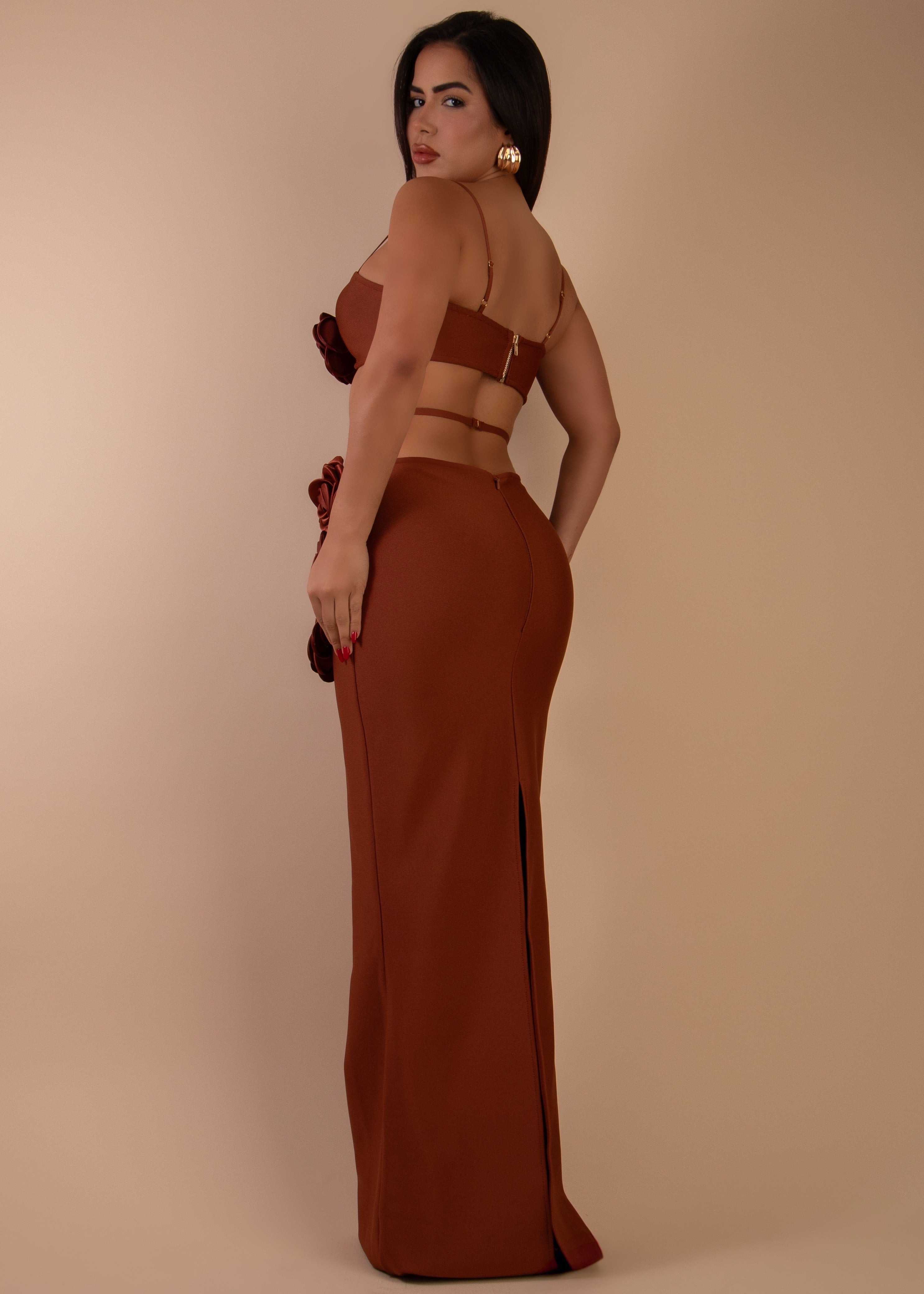 Petal Promise Bandge Floral Skirt Set Brown