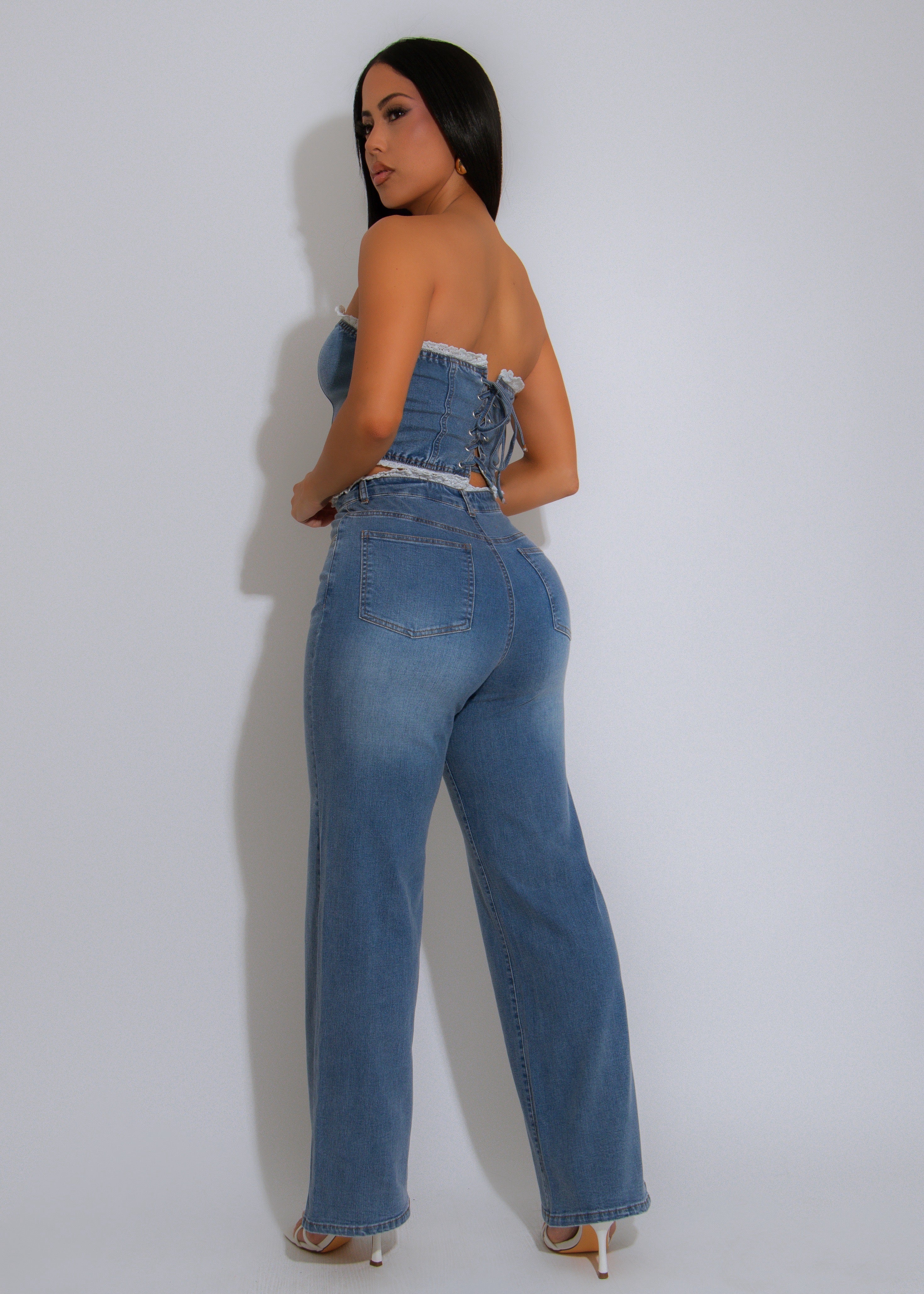 Sweet Edge Lace Pant Set Denim