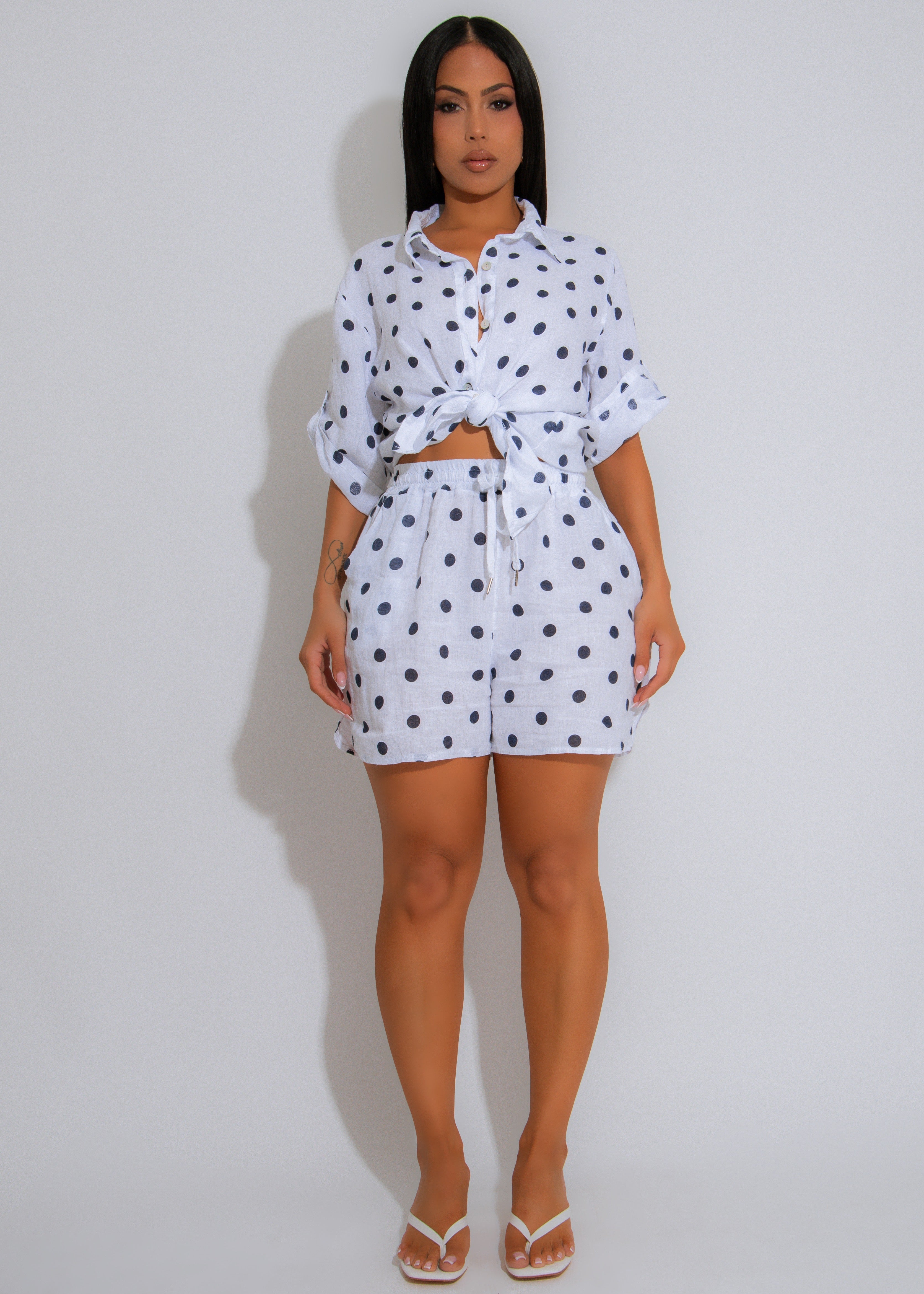 Polka Breeze Linen Short Set White