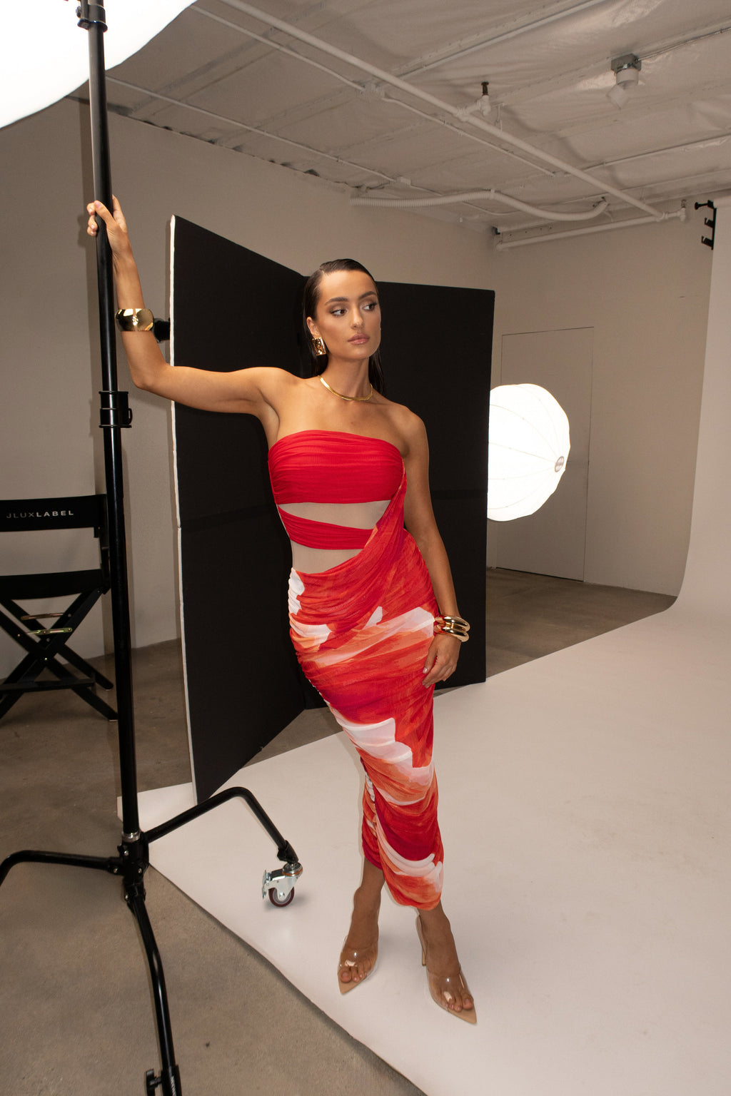 Sunset Red Timeless Form Ruched Midi Dress