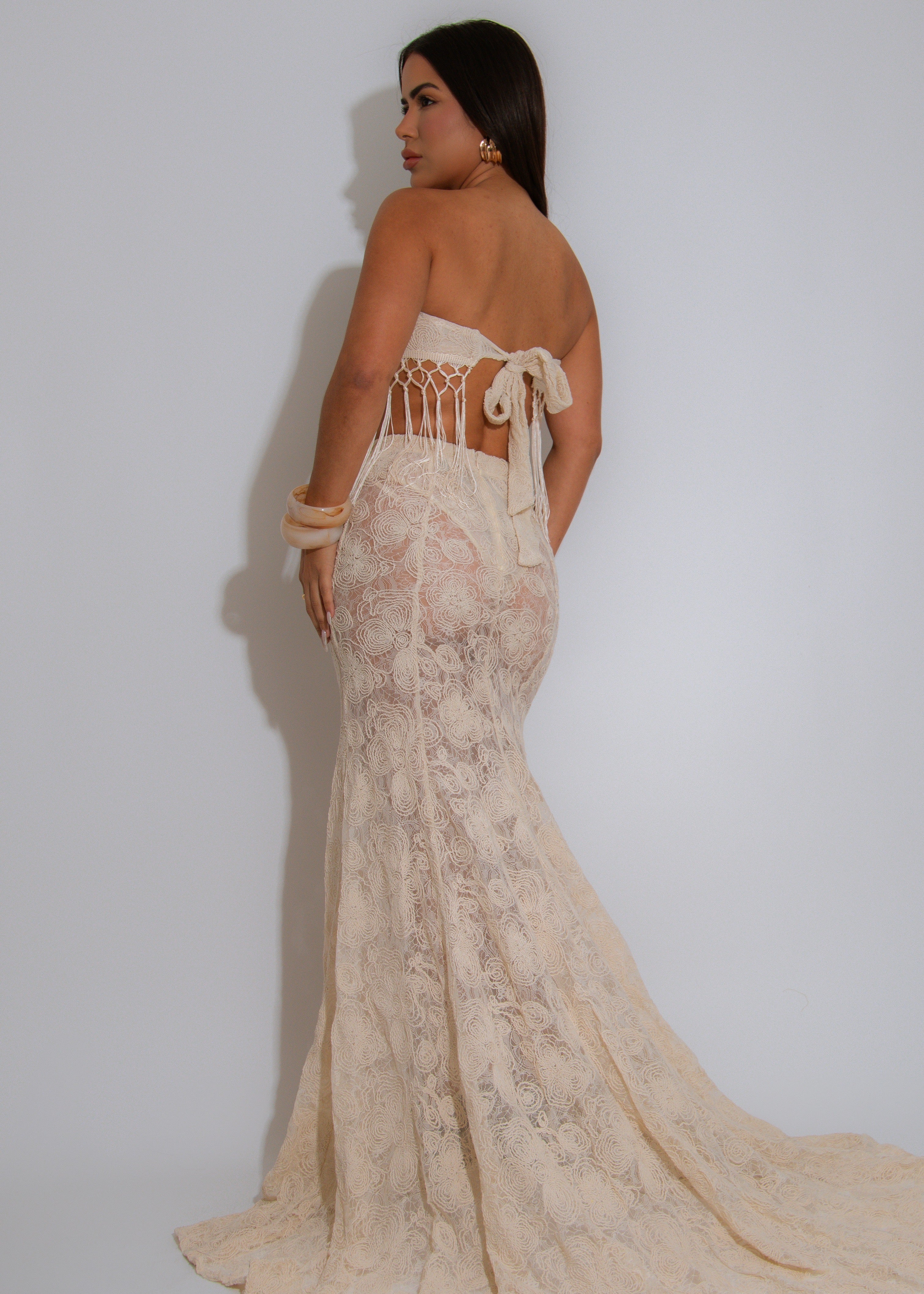Boheme Breeze Fringes Lace Floral Skirt Set Nude
