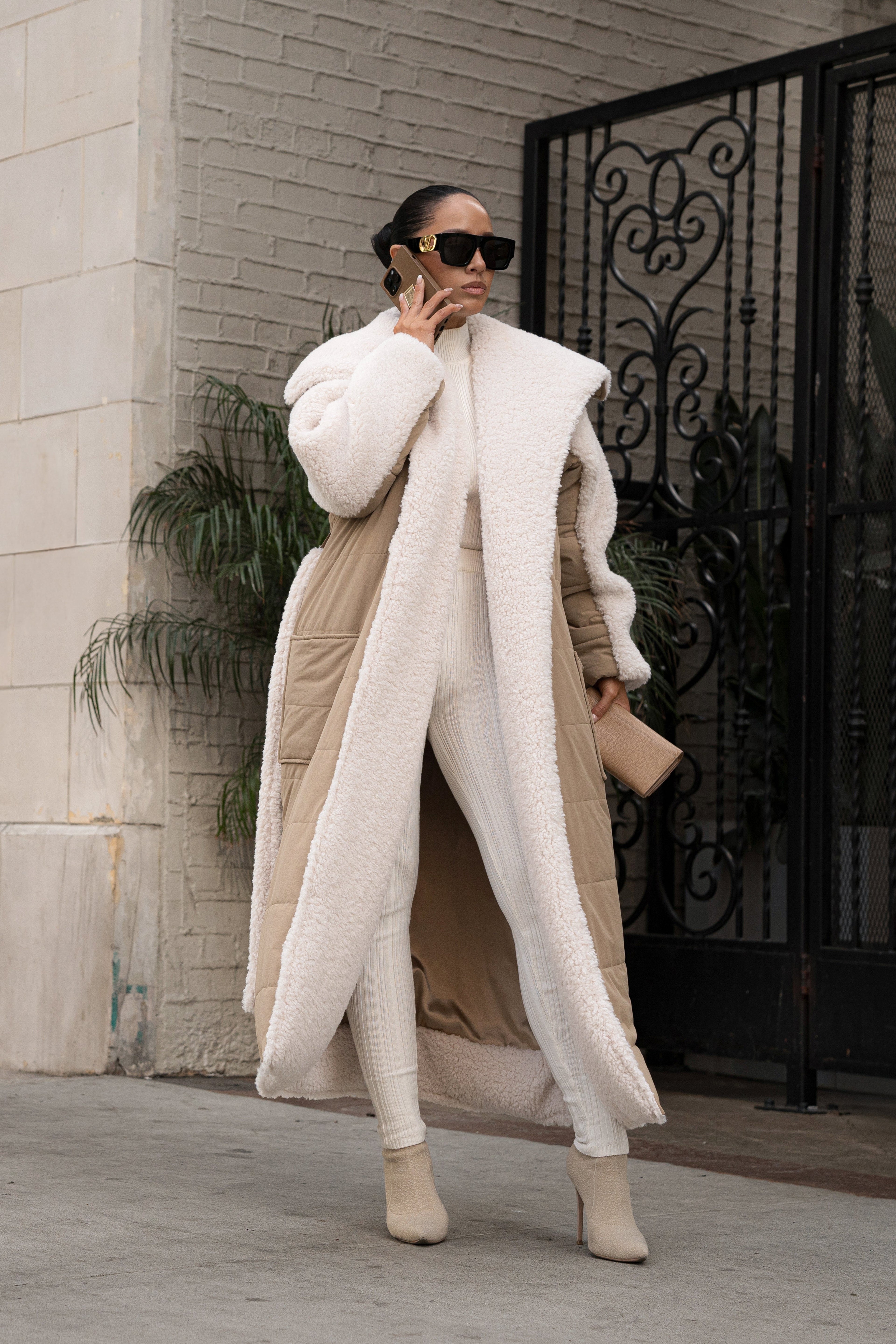 Beige/Ivory Contrast Sherpa Coat