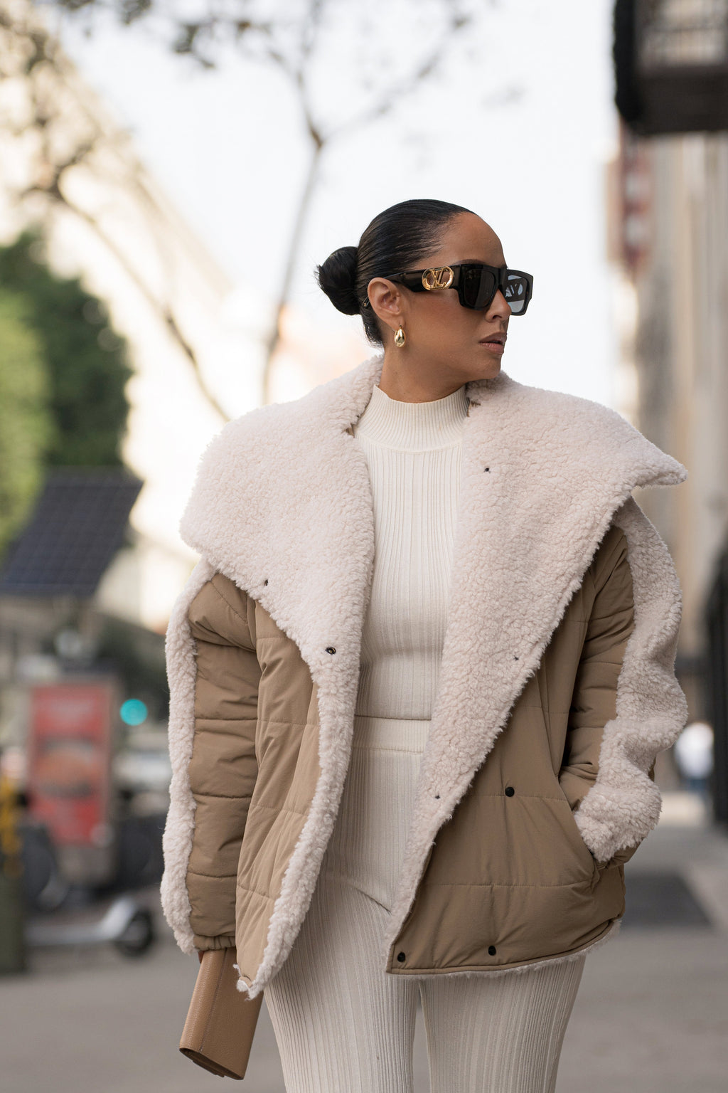 Beige/Ivory Contrast Sherpa Jacket