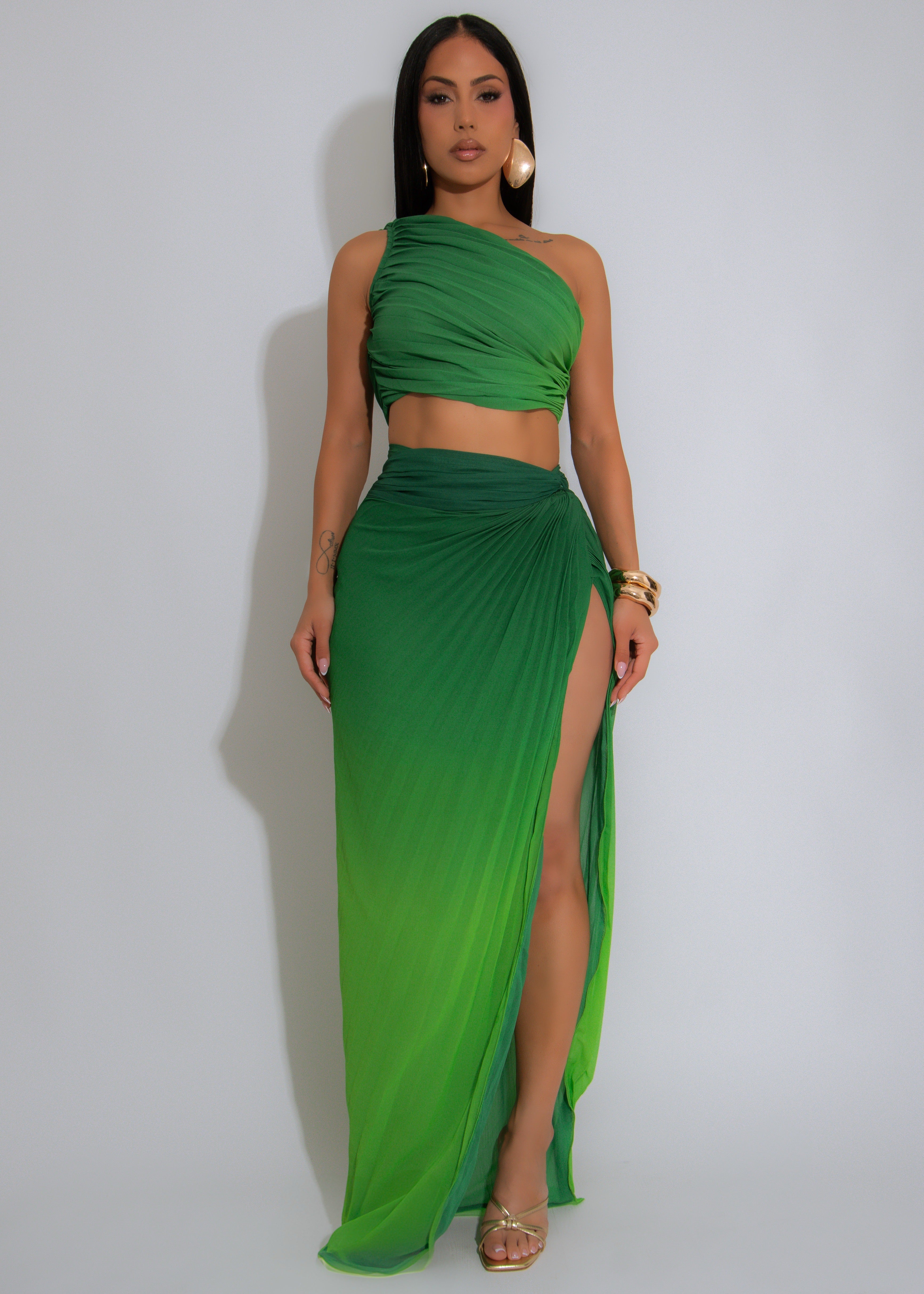 Parisian Days Ruched Skirt Set Green