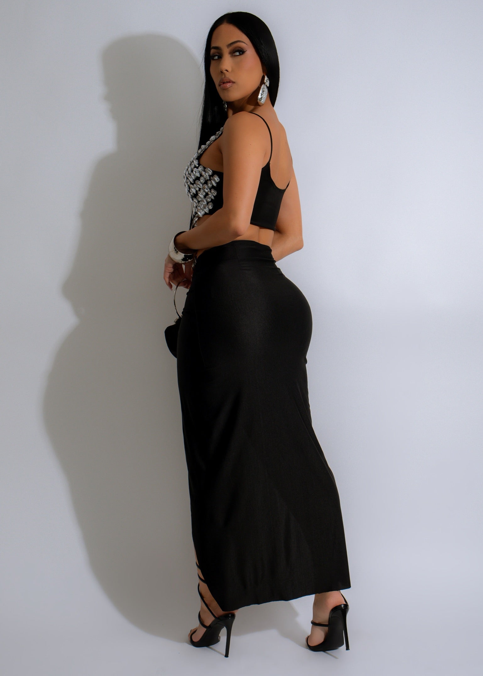 She's Shining Rhinestone  Skirt Set Black