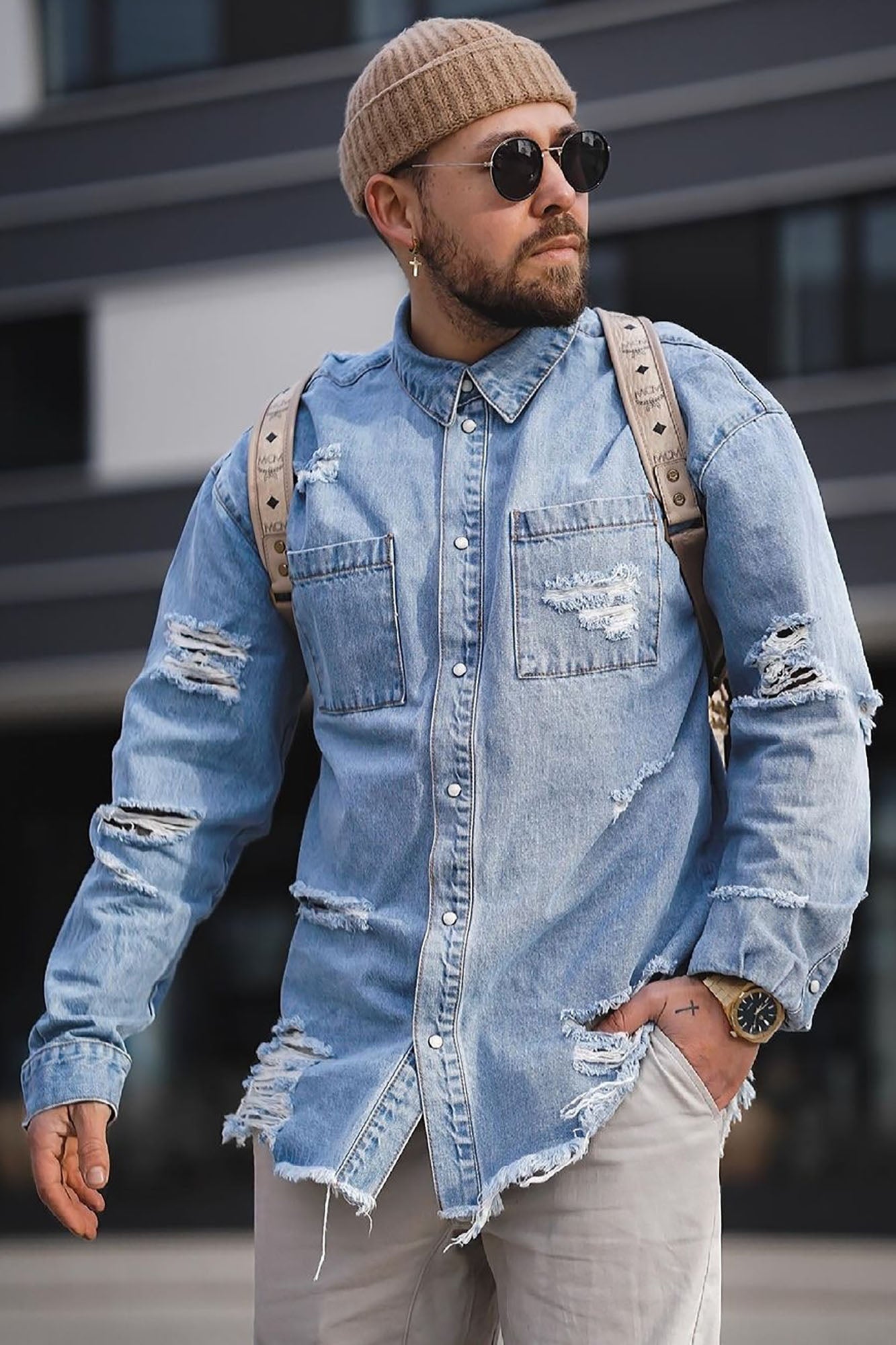 Essential Distressed Denim Woven Top - Light Wash
