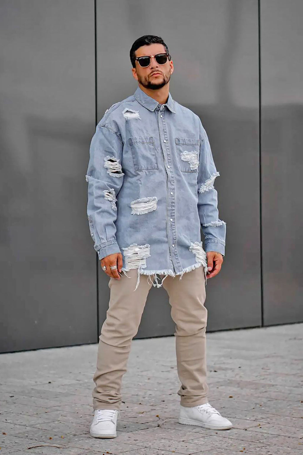 Essential Distressed Denim Woven Top - Light Wash