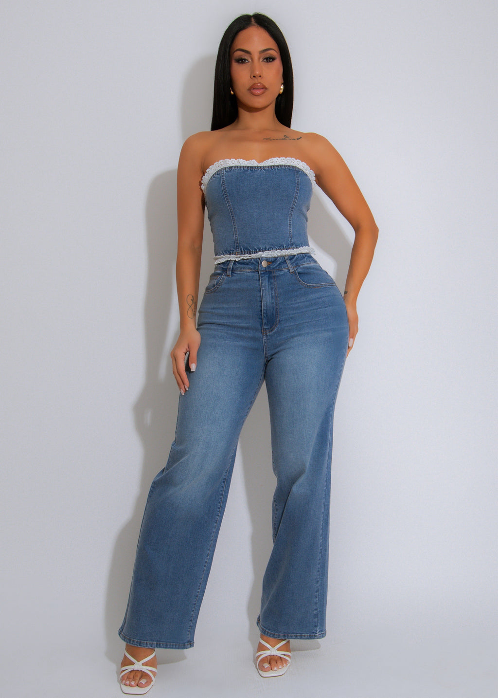 Sweet Edge Lace Pant Set Denim