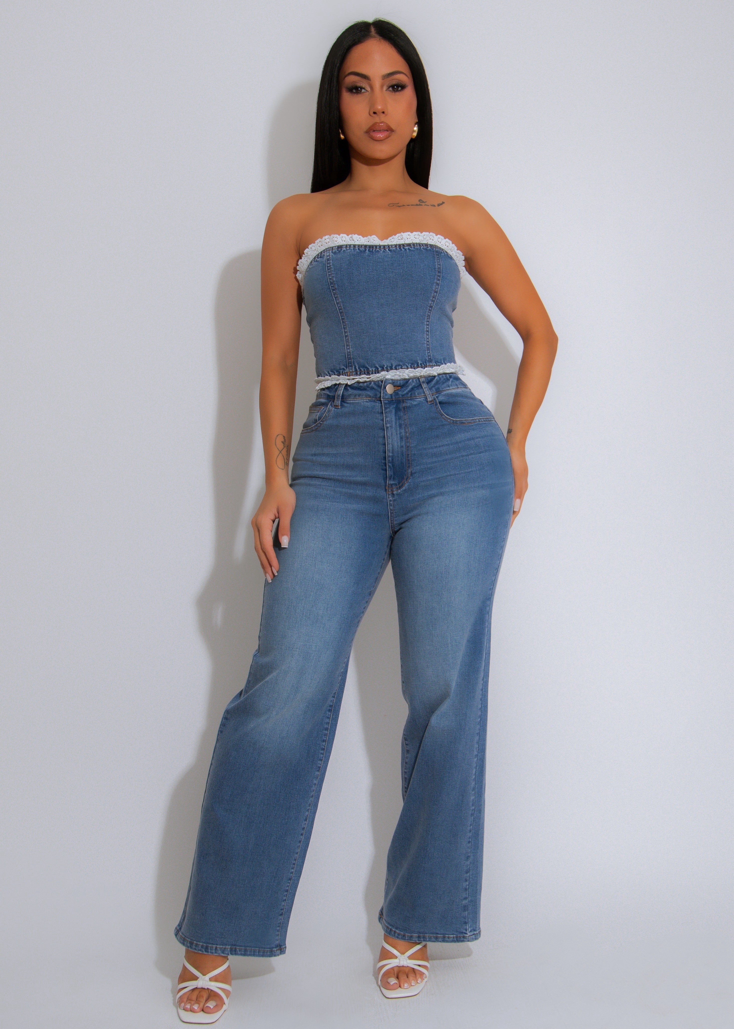 Sweet Edge Lace Pant Set Denim