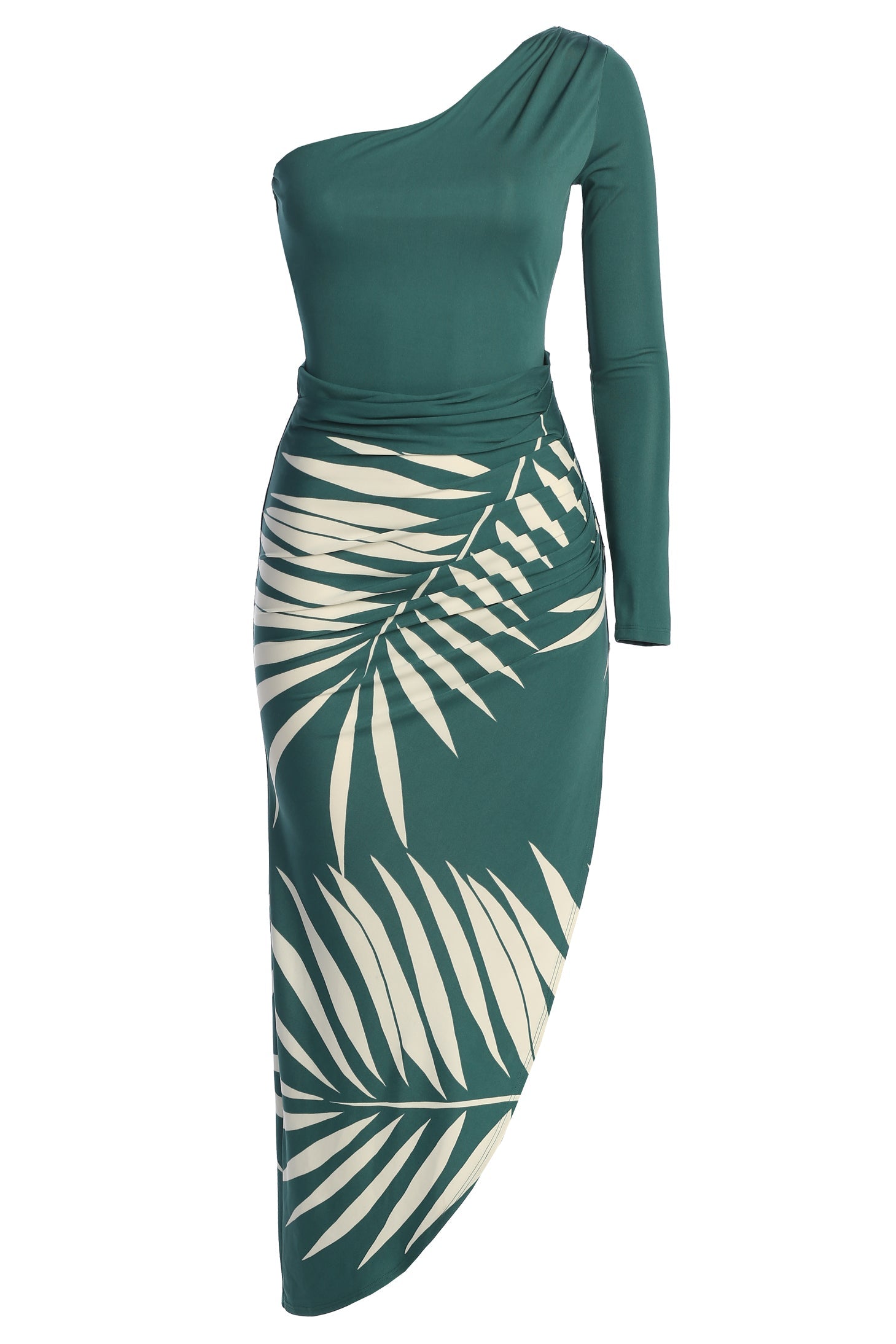 Green One Shoulder Palm Print Dress