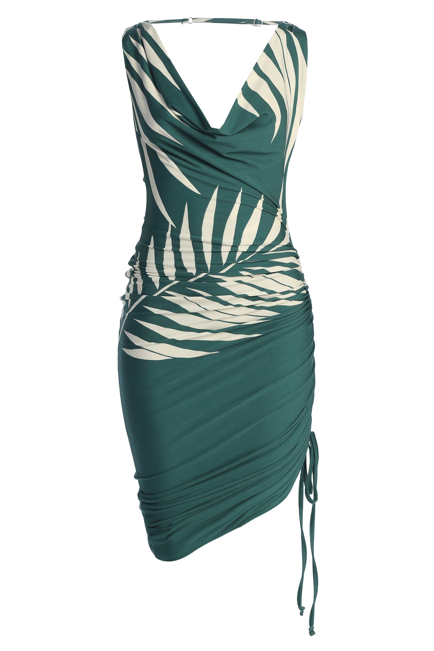 Green Palm Print Ruched Dress