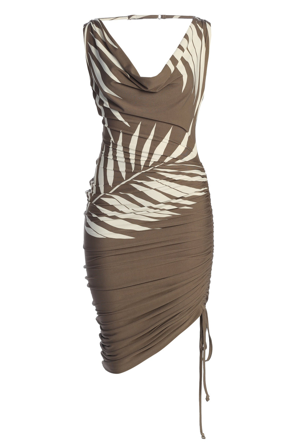 Tan Palm Print Ruched Dress