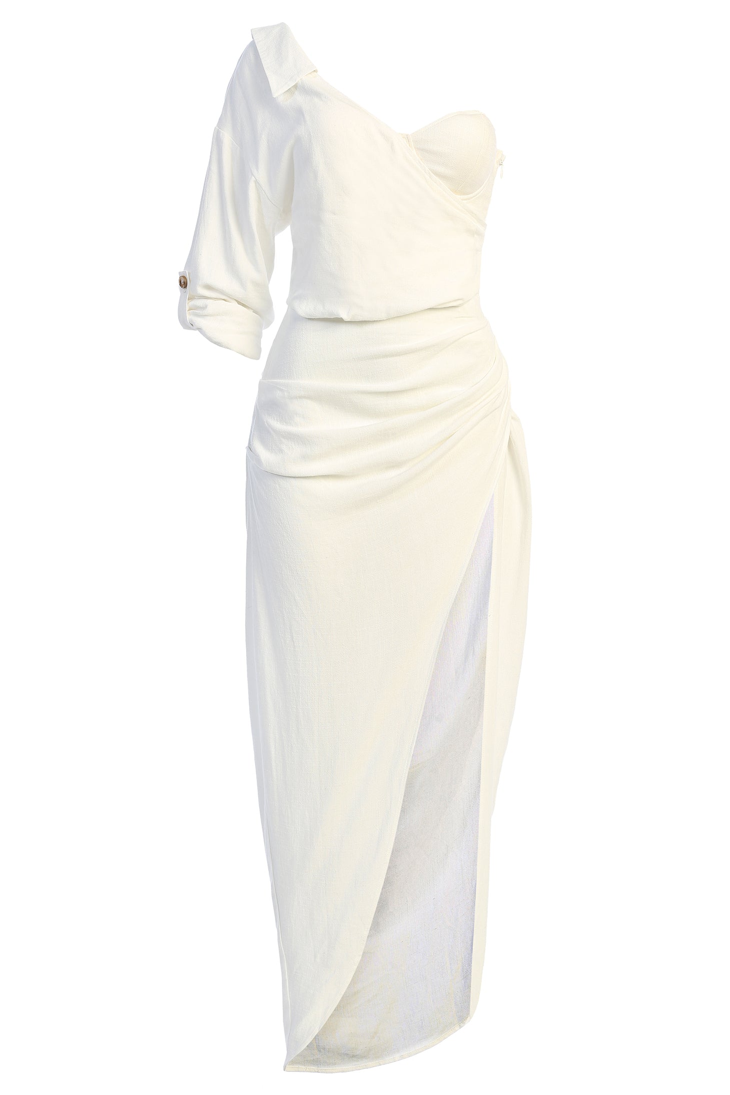White Evita Linen Draped Dress