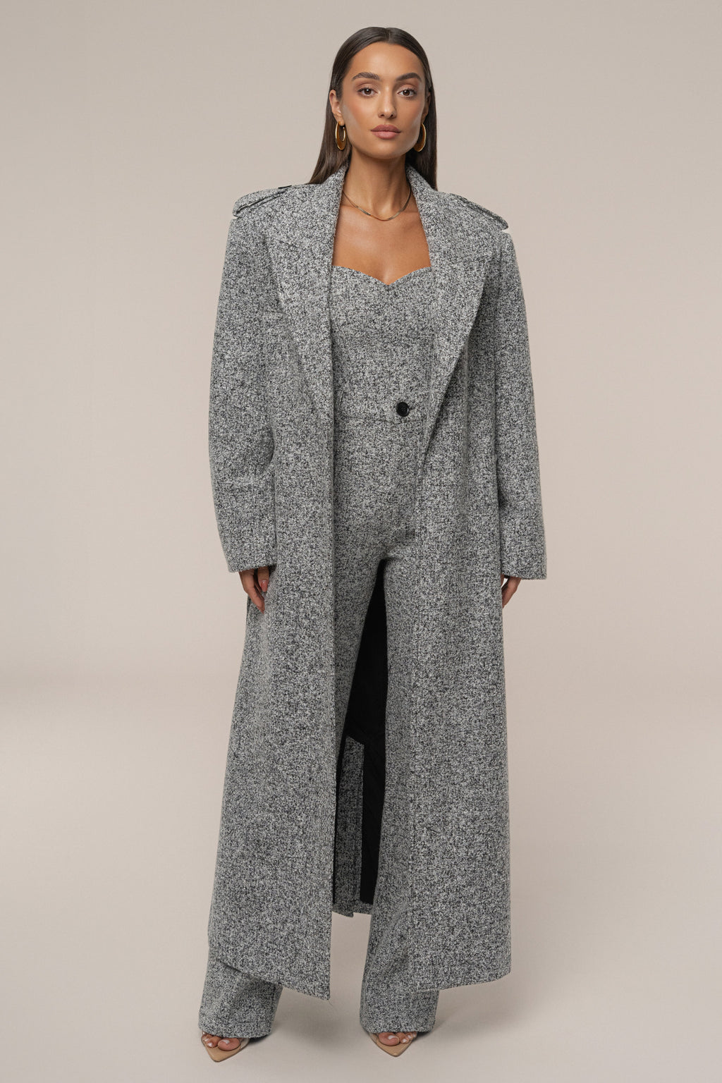Lt. Grey Savannah Belted Tweed Coat