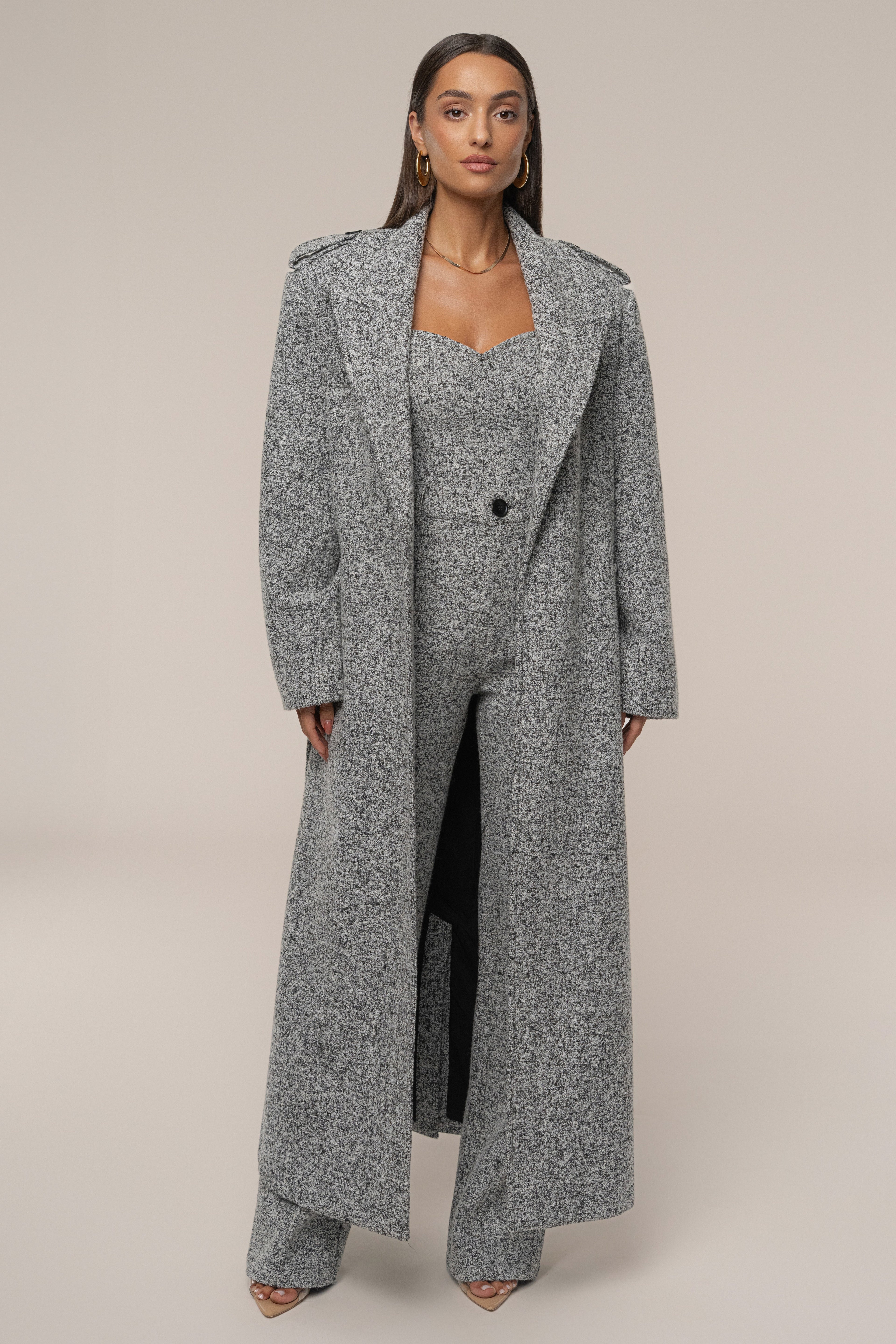 Lt. Grey Savannah Belted Tweed Coat