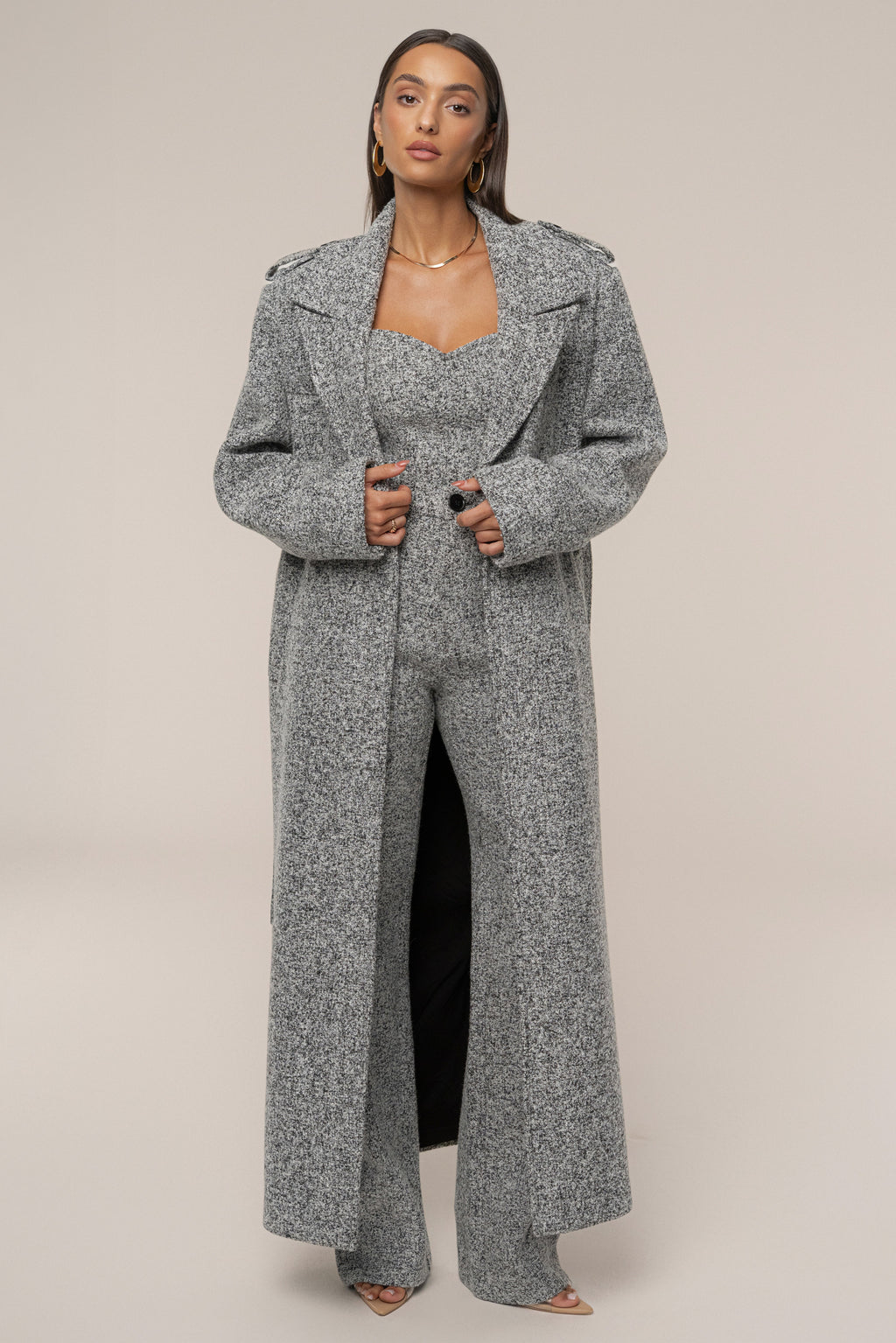 Lt. Grey Savannah Belted Tweed Coat