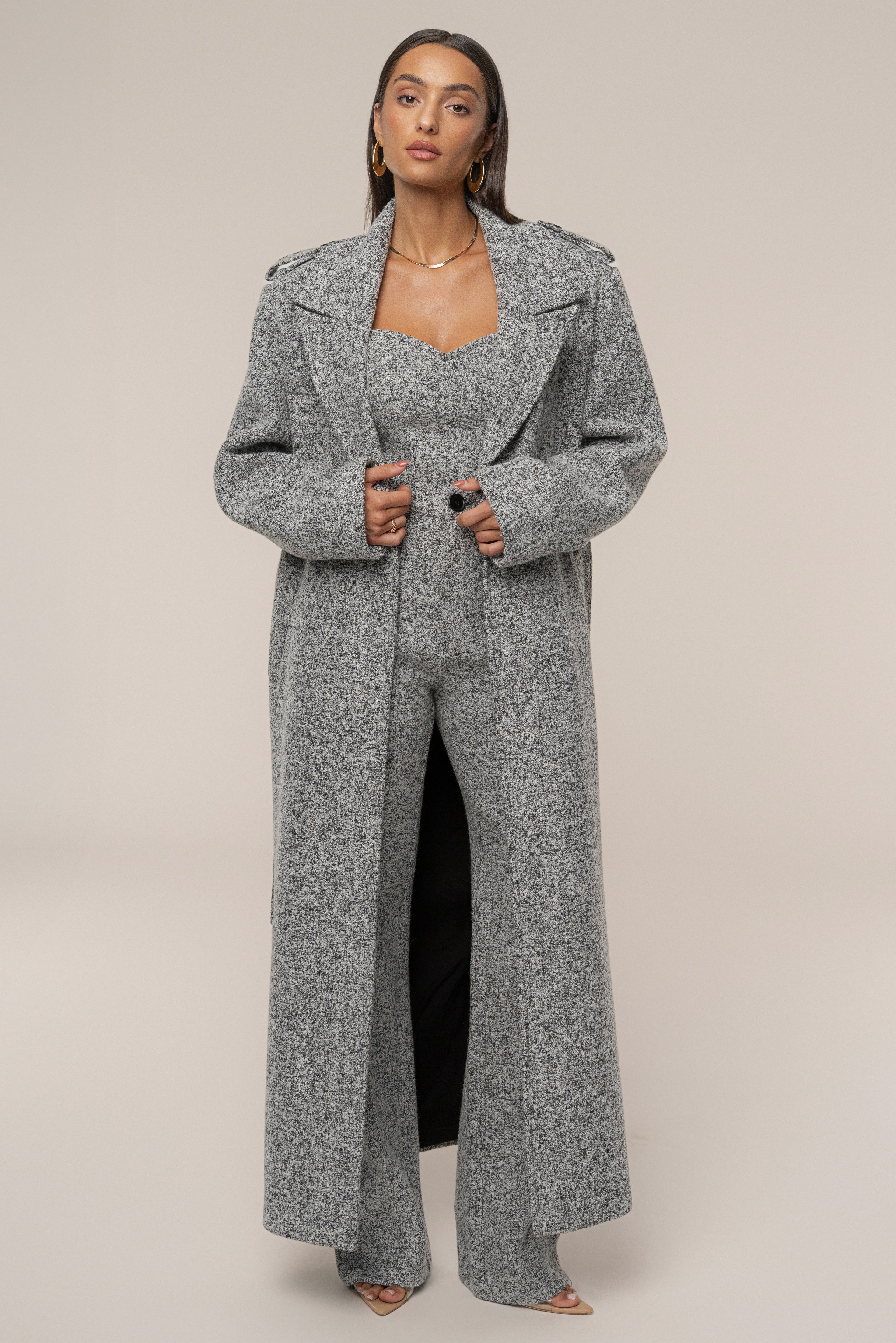 Lt. Grey Savannah Belted Tweed Coat