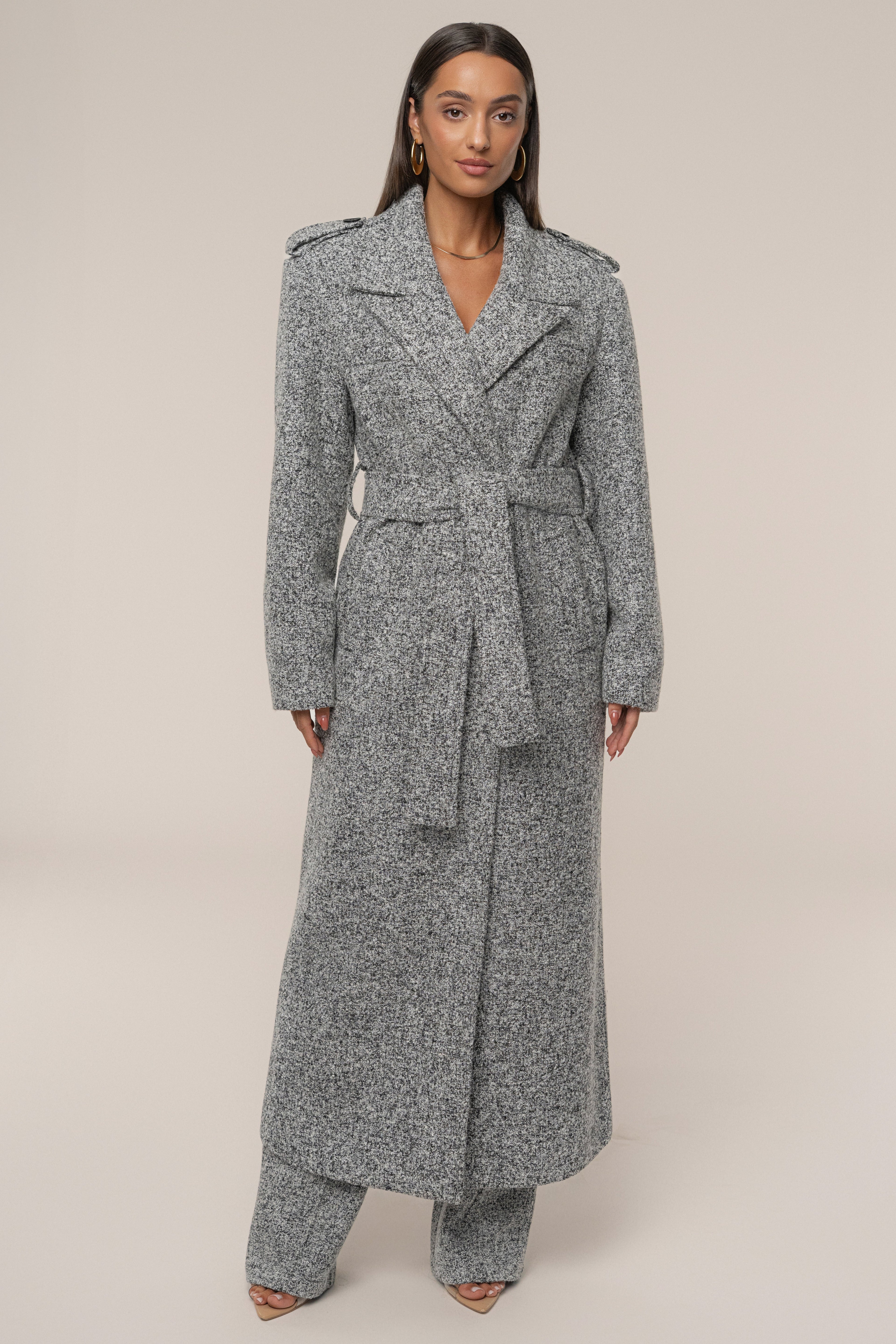 Lt. Grey Savannah Belted Tweed Coat