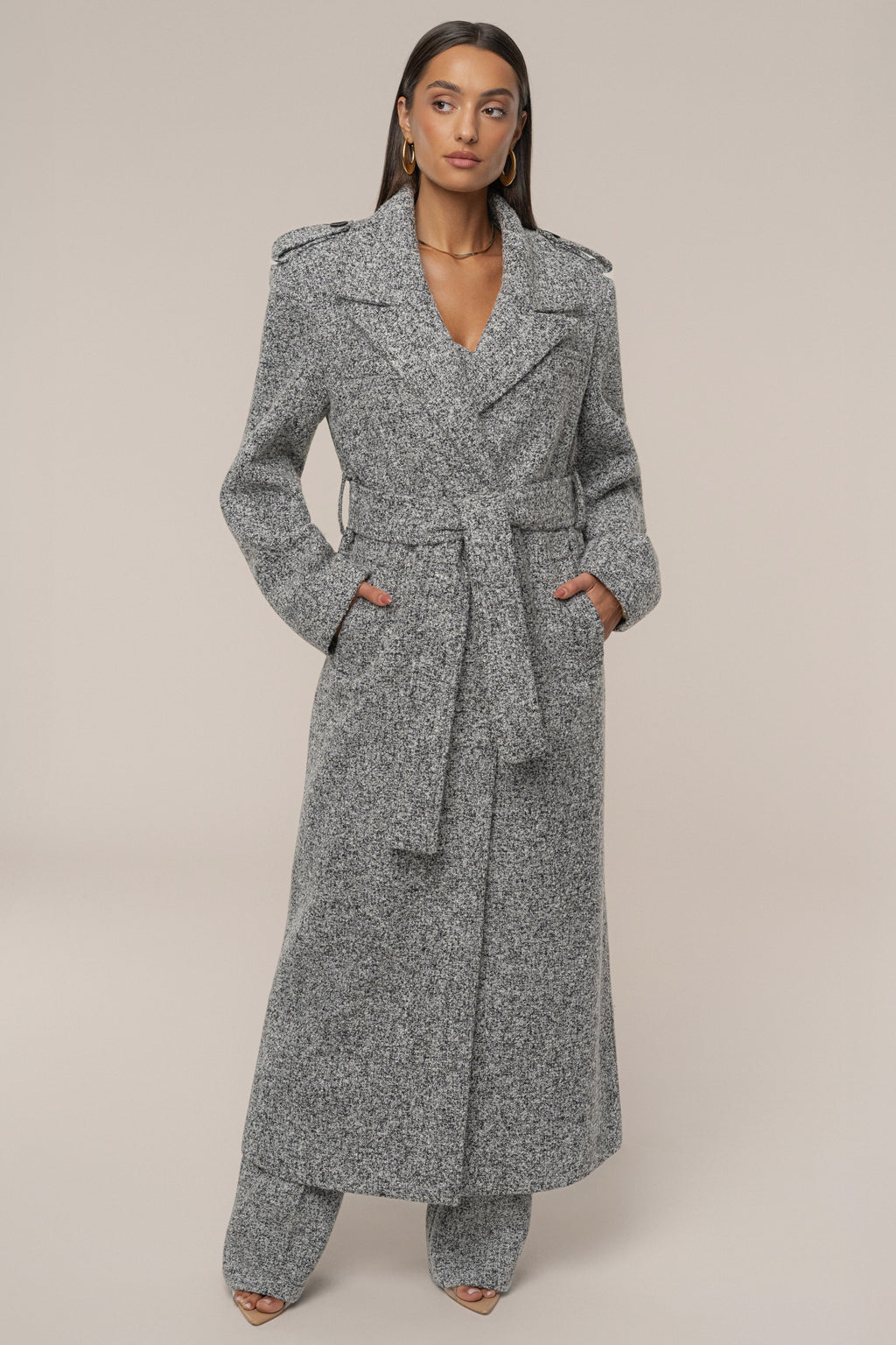 Lt. Grey Savannah Belted Tweed Coat