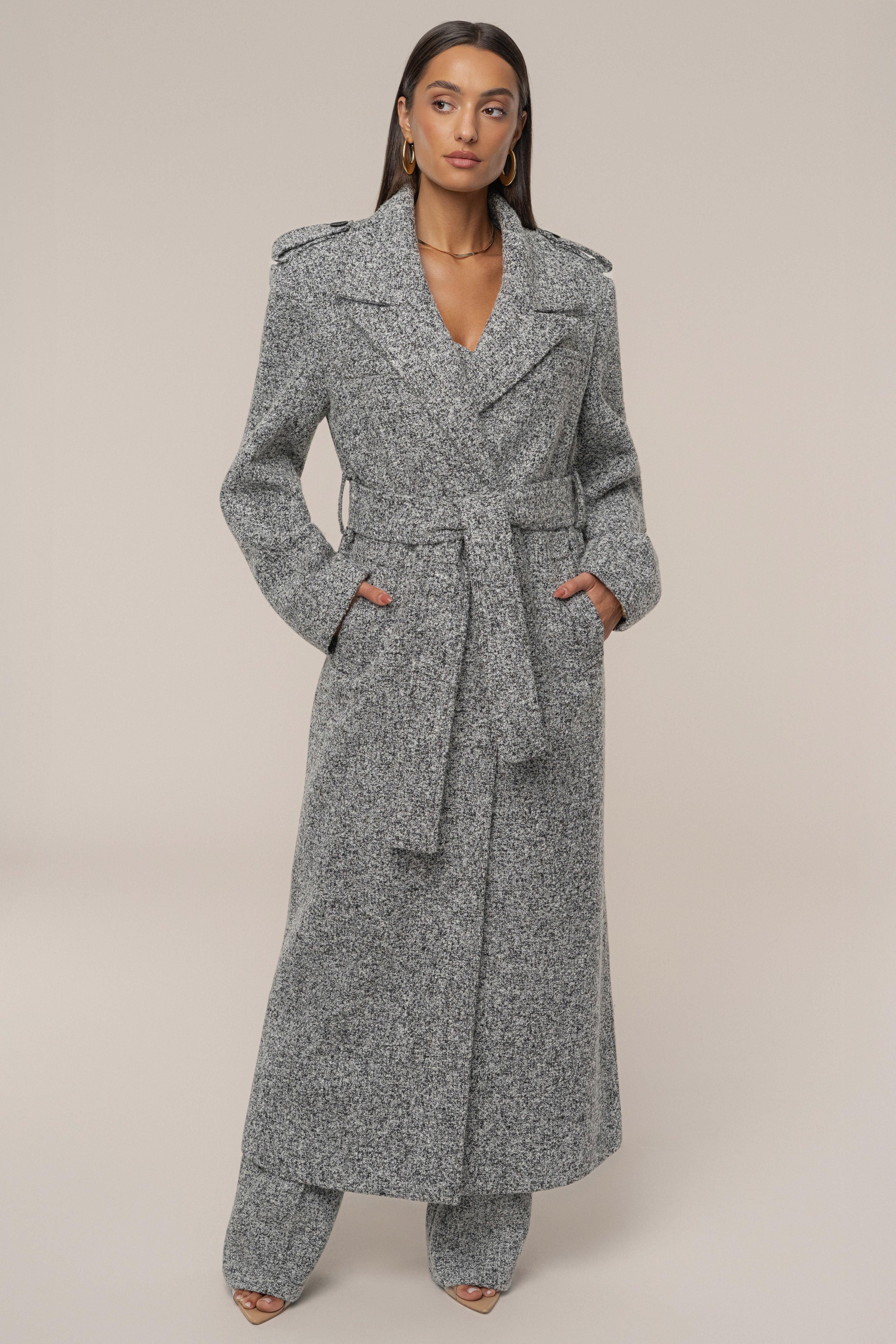 Lt. Grey Savannah Belted Tweed Coat