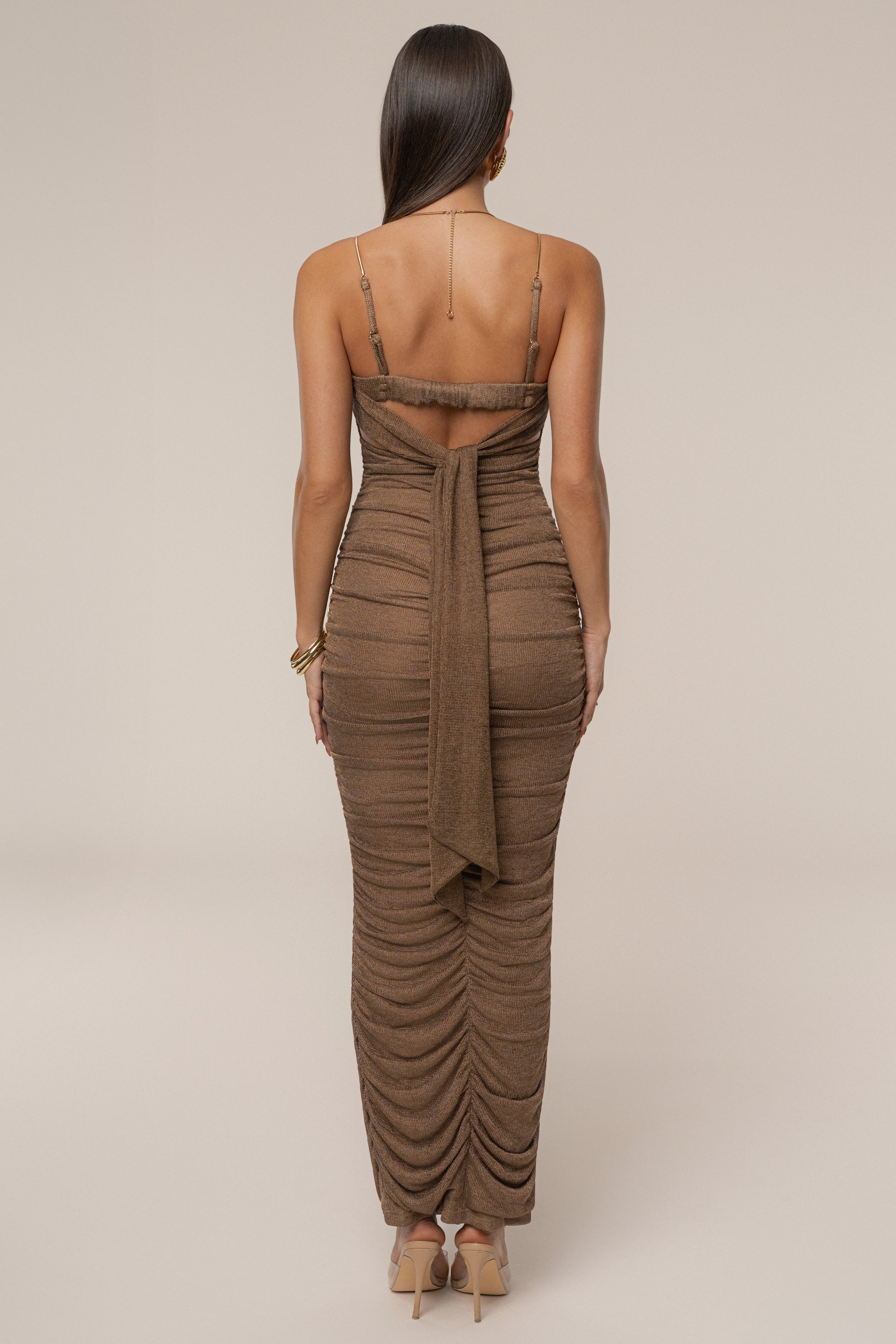 Bronze Ruched Metallic Maxi Dress