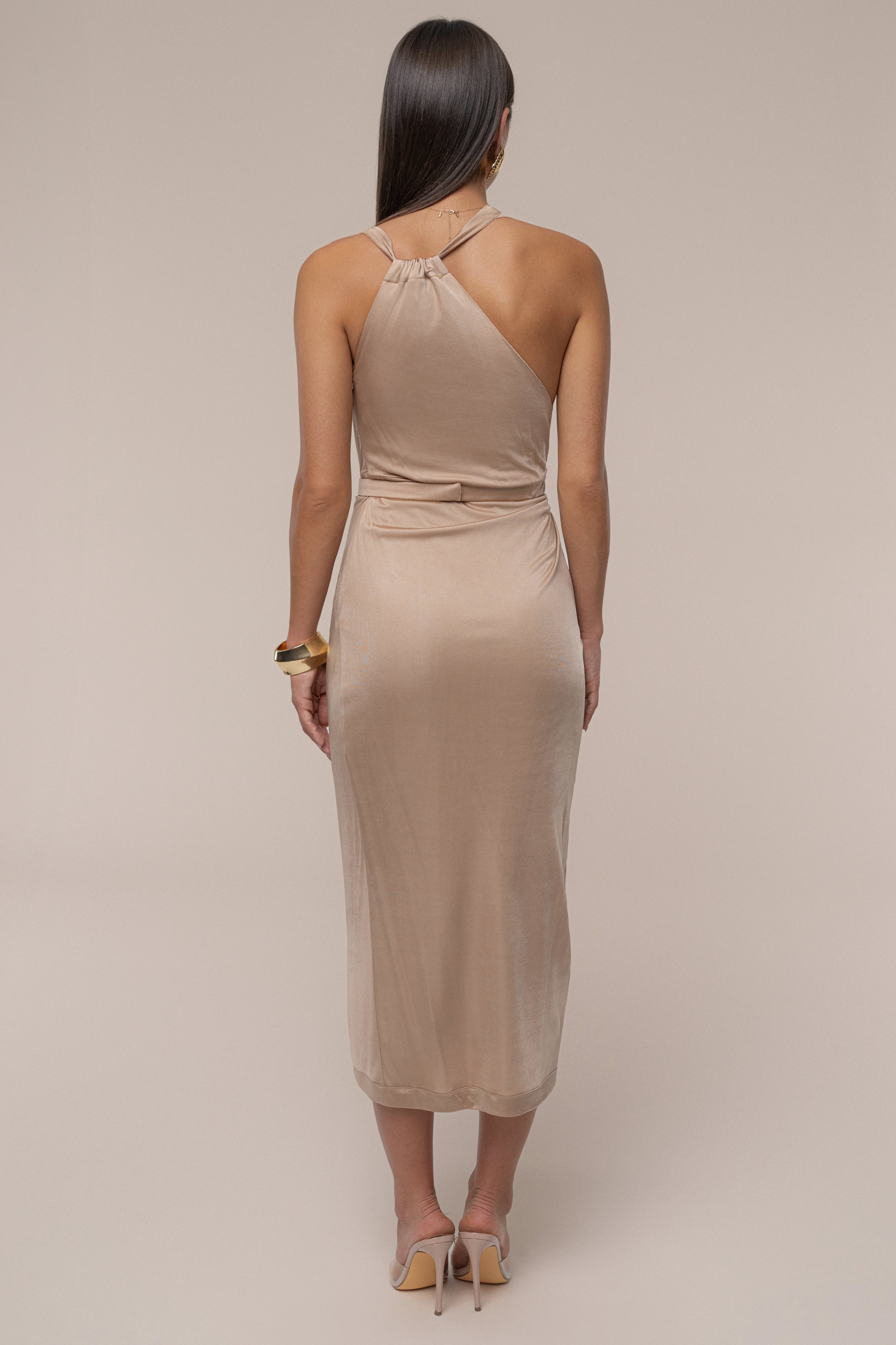 Tan Anniversary Belted Wrap Dress