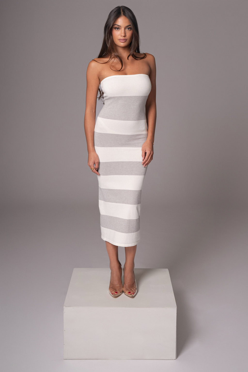 Ivory/Heather Grey Striped Strapless Midi Dress