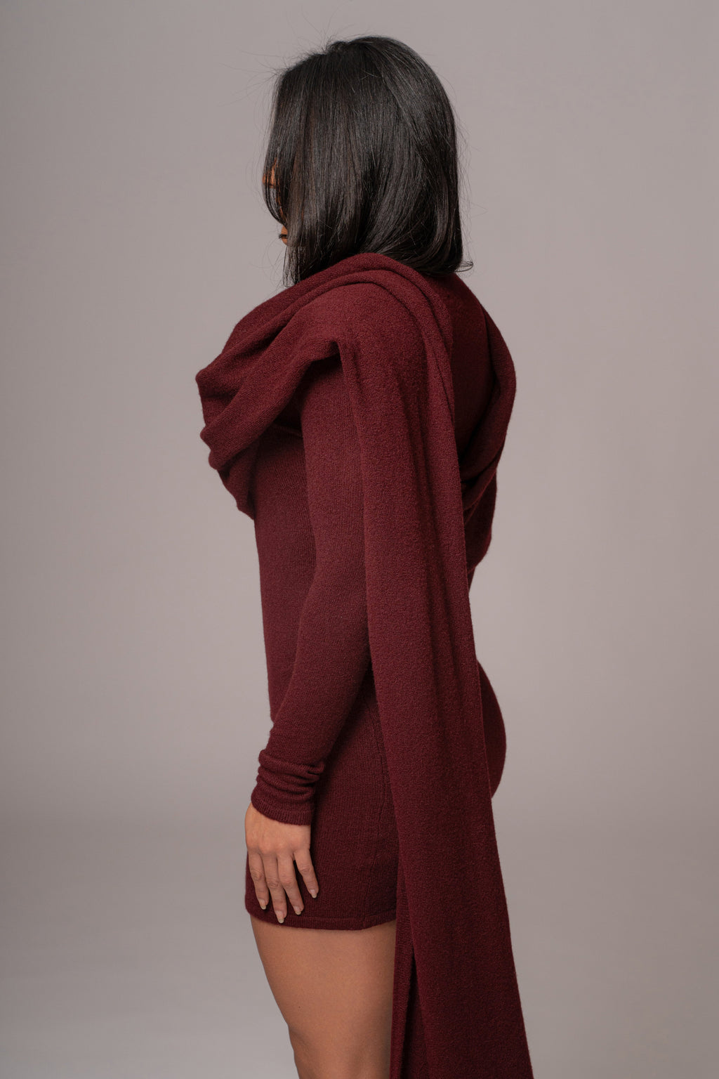 Burgundy Scarf Draped Mini Dress