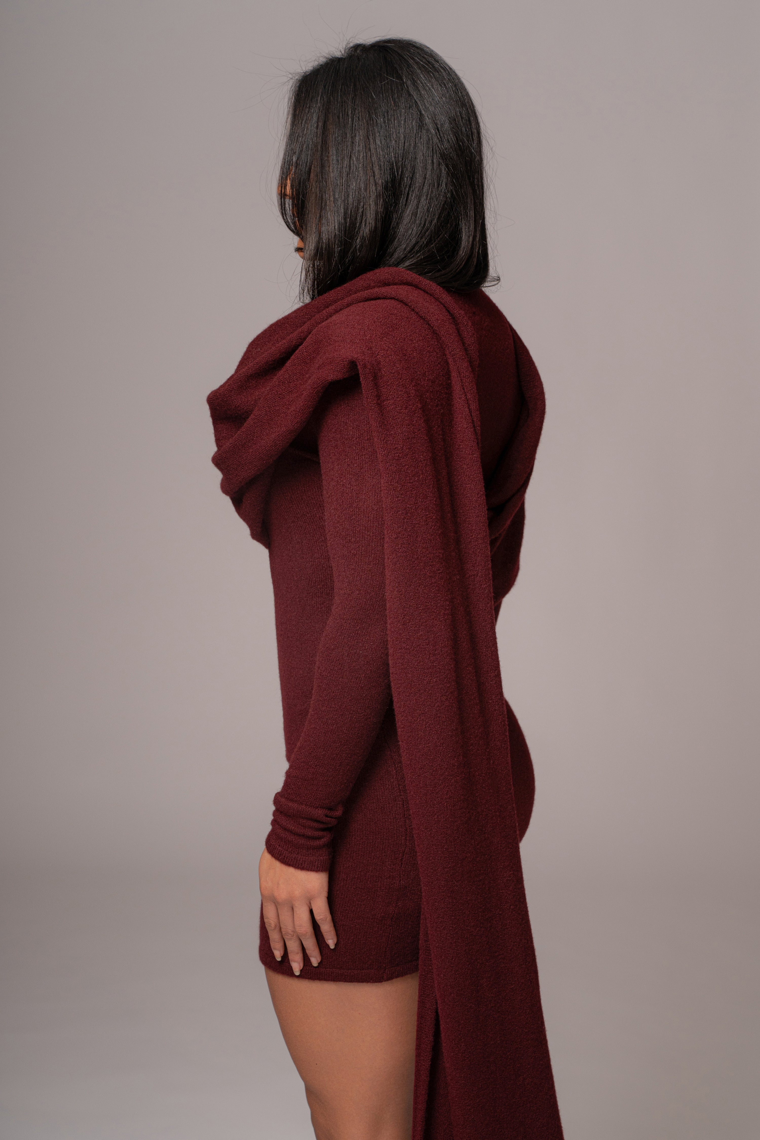 Burgundy Scarf Draped Mini Dress