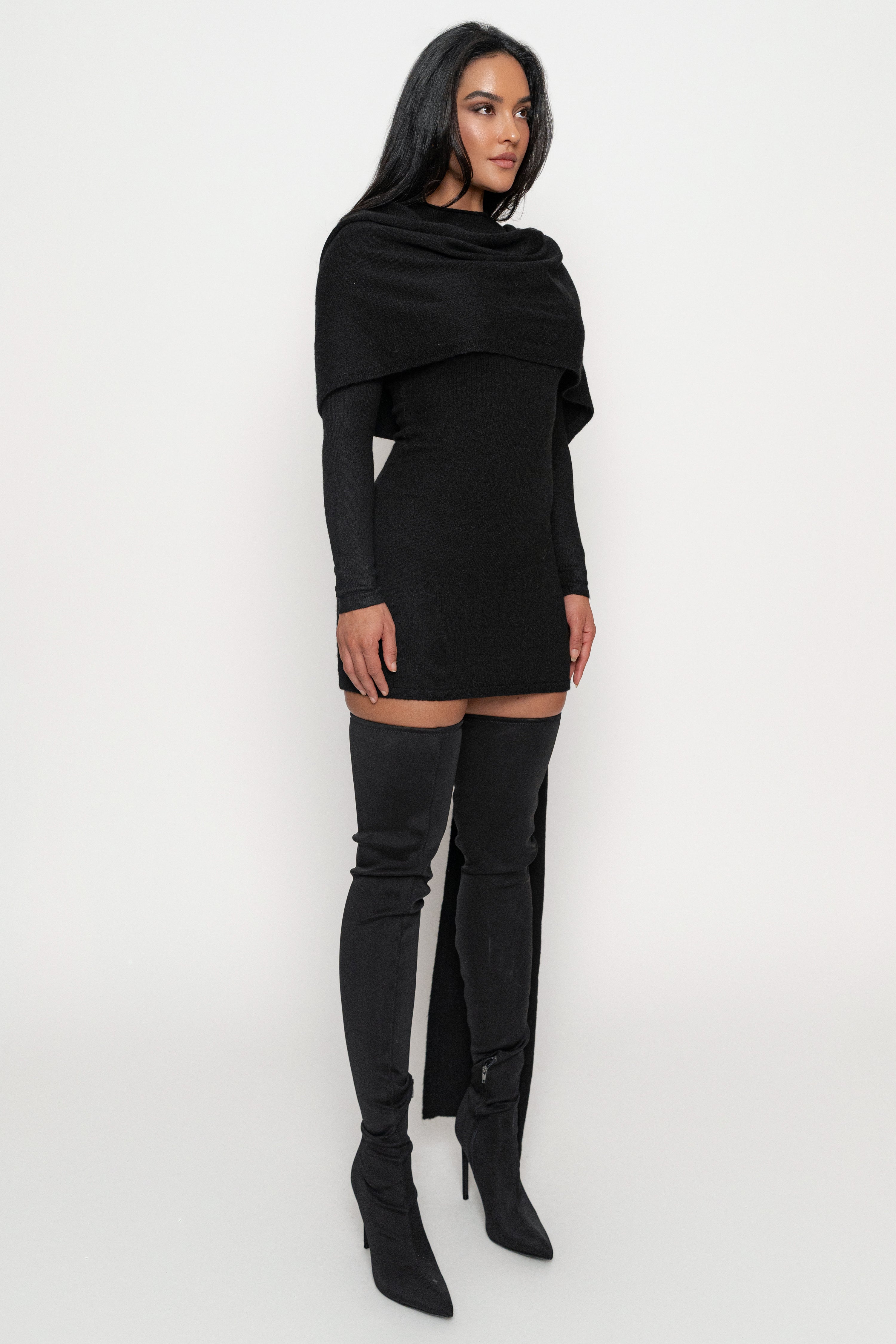 Black Scarf Draped Mini Dress