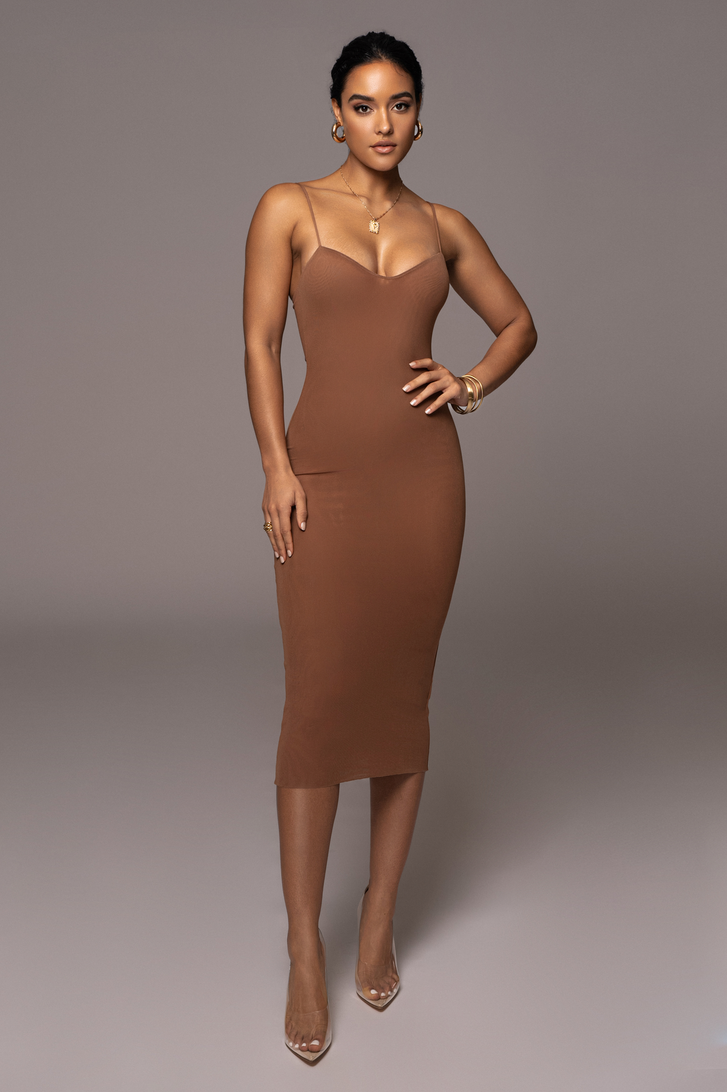 Pecan Rochelle Mesh Midi Dress