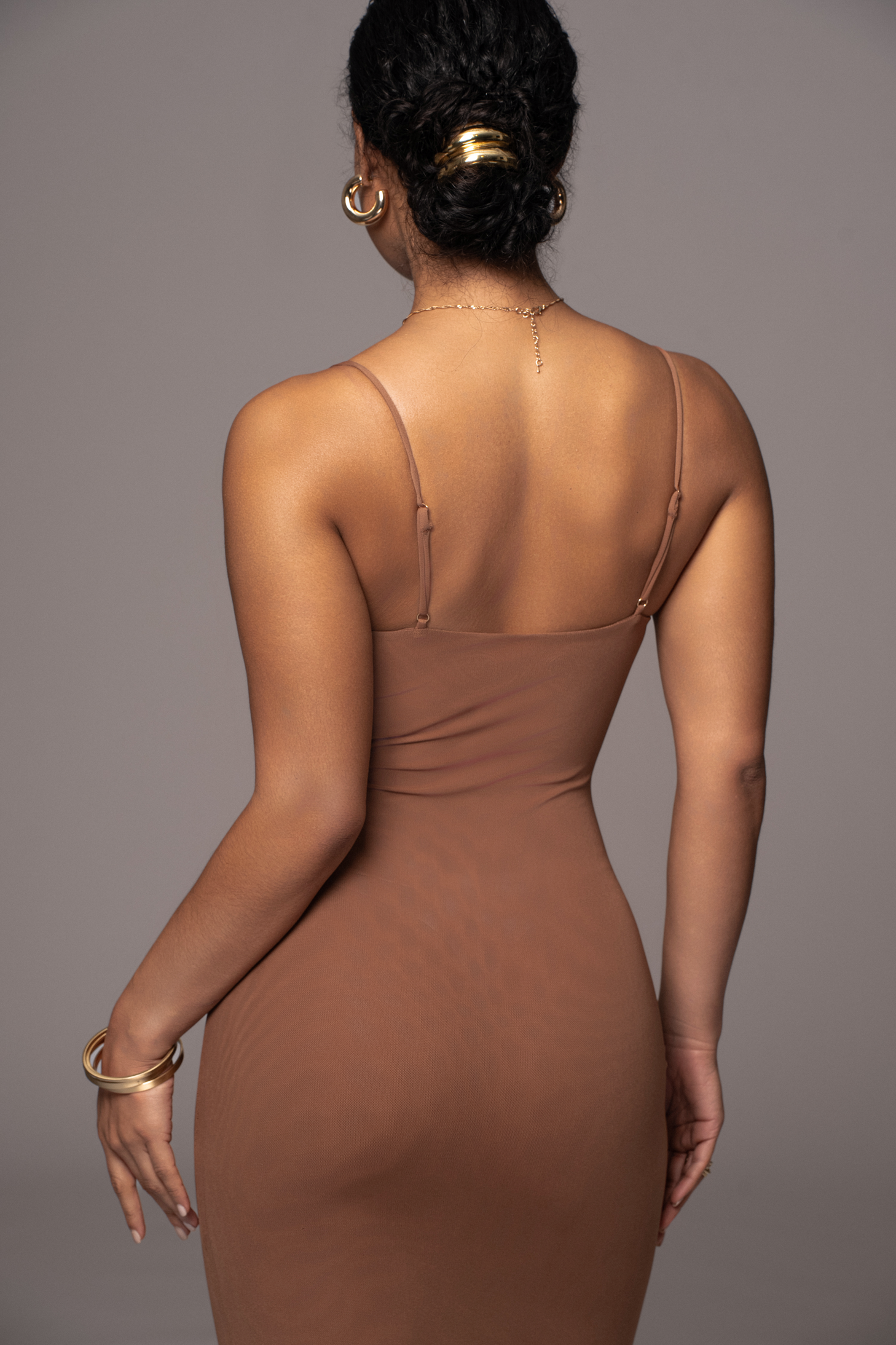 Pecan Rochelle Mesh Midi Dress