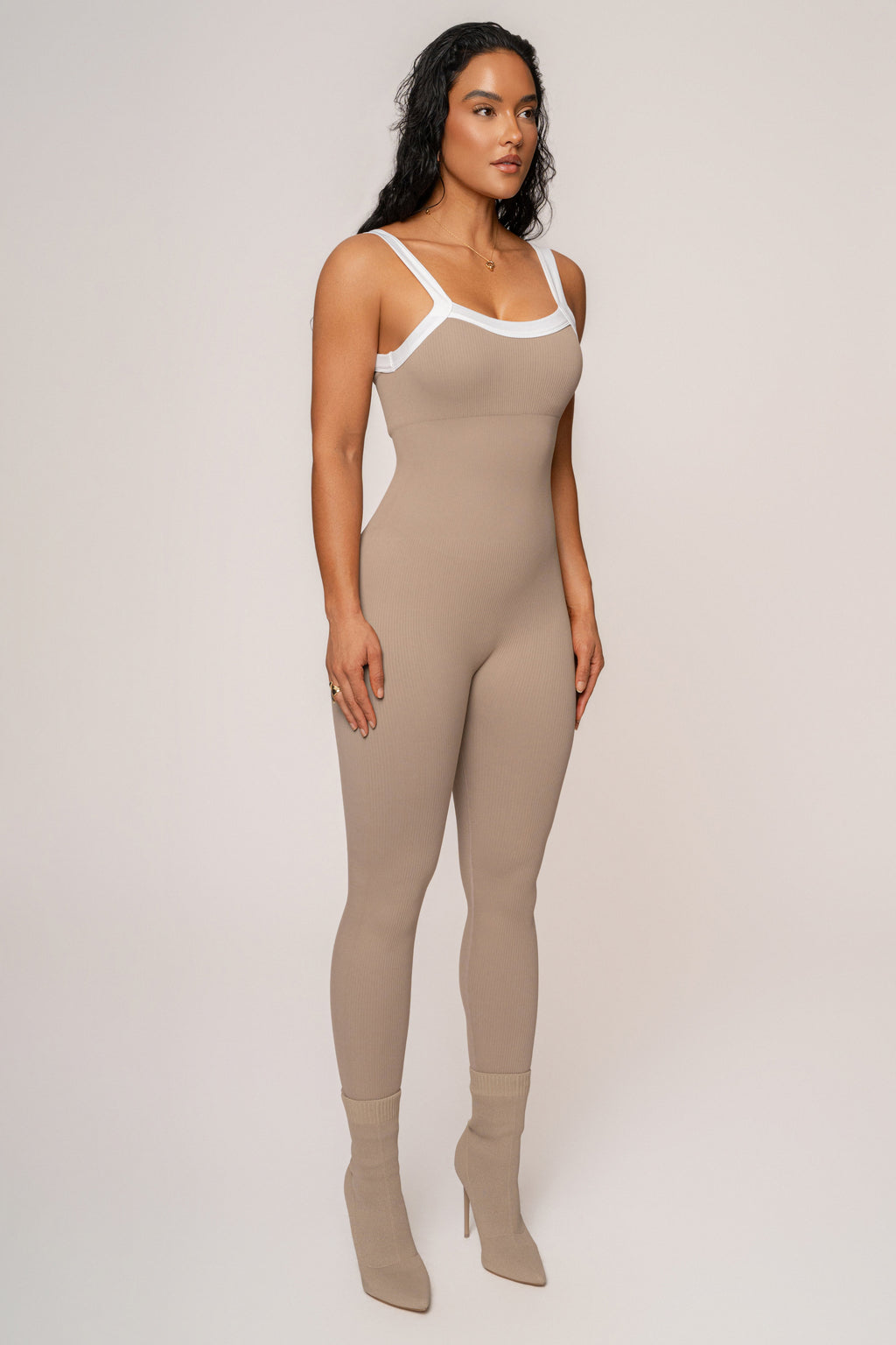 Beige/White Core Ribbed Jumpsuit