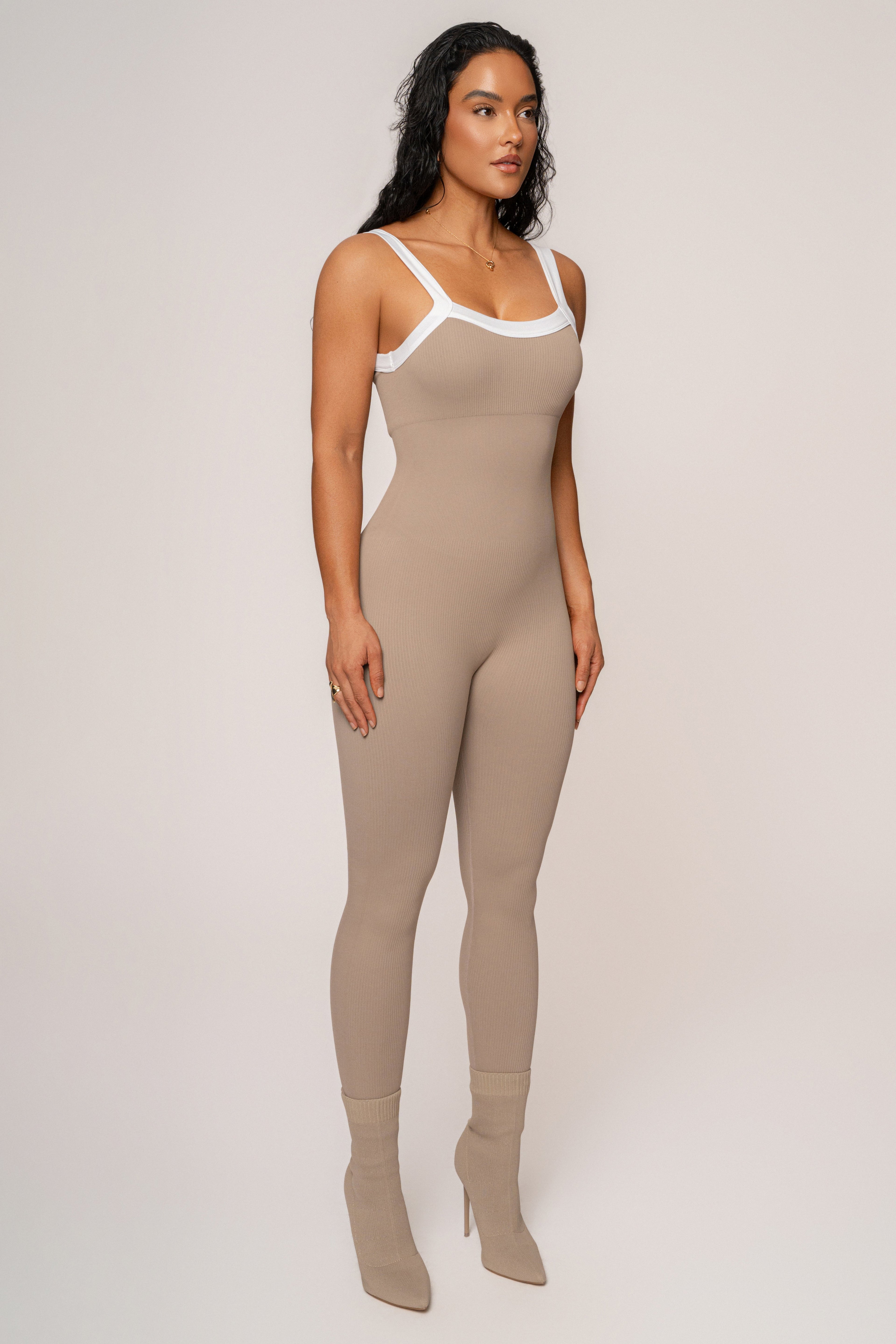 Beige/White Core Ribbed Jumpsuit