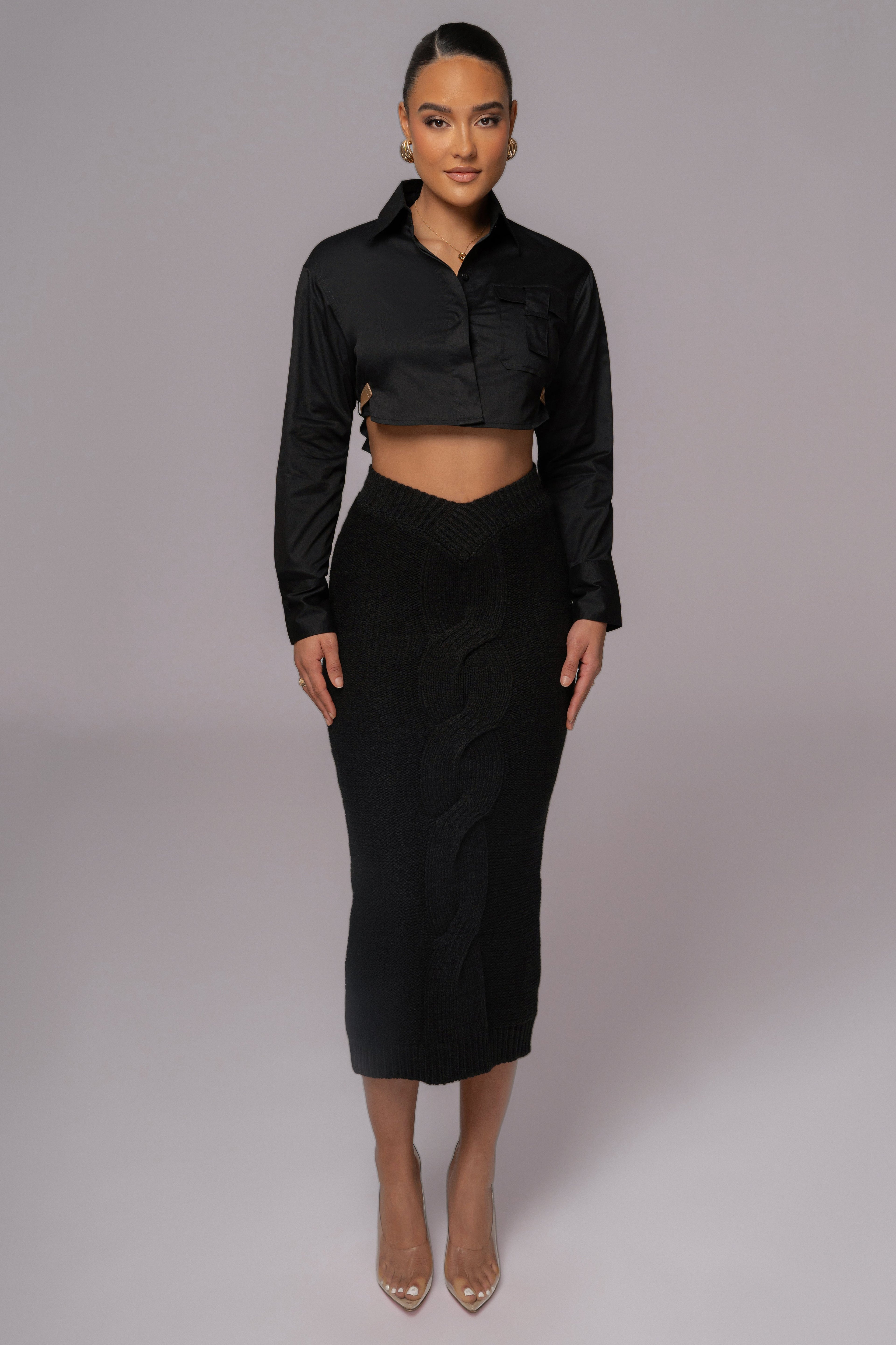 Black Merine Knit Midi Skirt