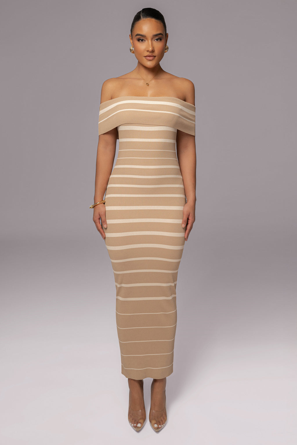 Beige Off The Shoulder Striped Dress