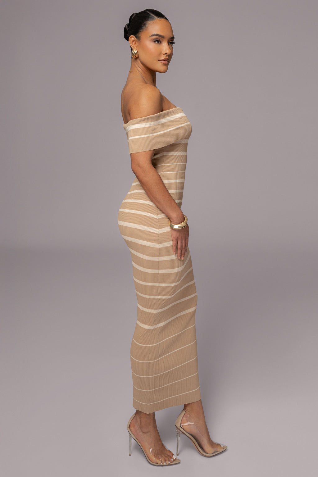 Beige Off The Shoulder Striped Dress