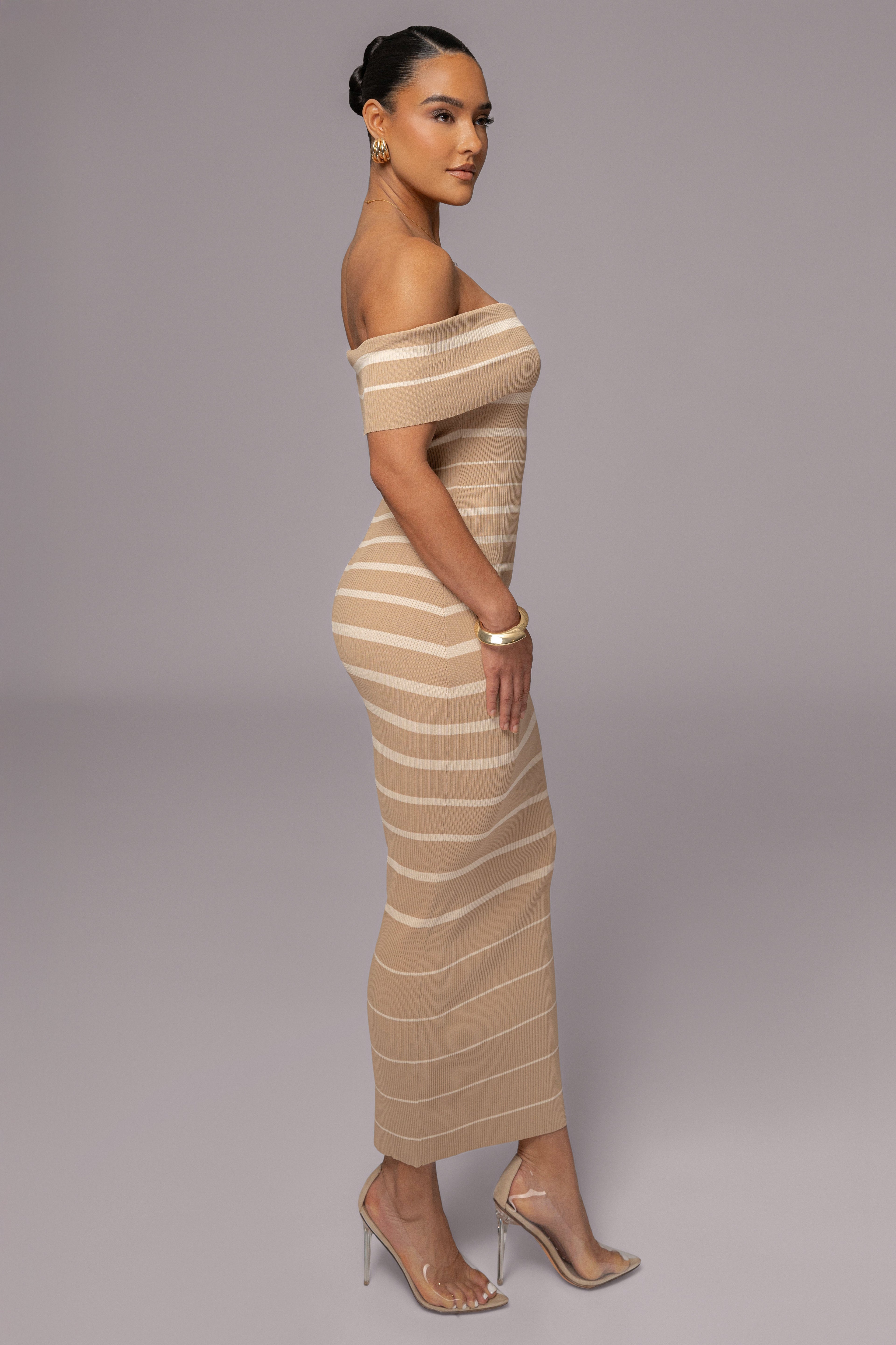 Beige Off The Shoulder Striped Dress